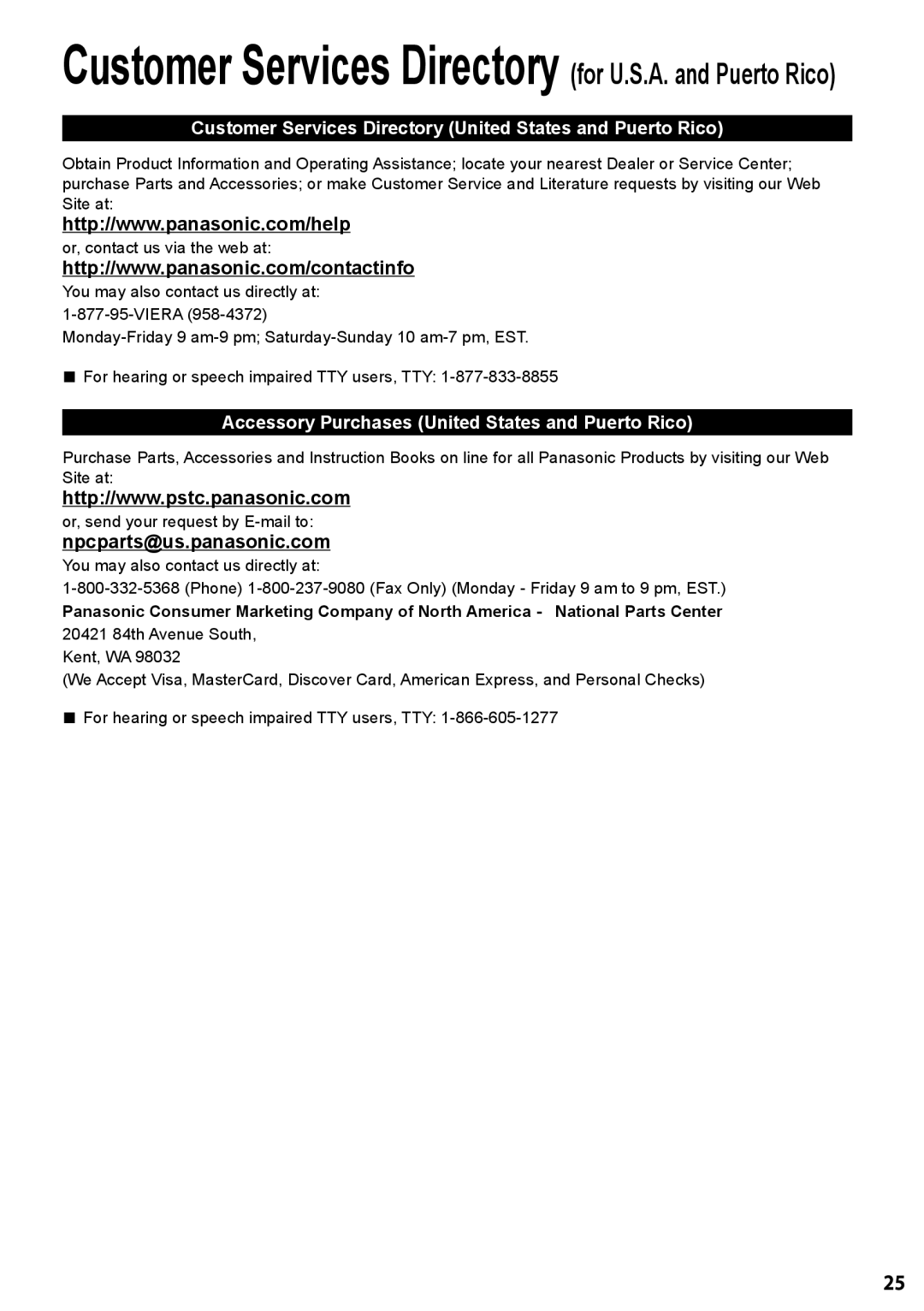 Panasonic TC-L24X5 owner manual Customer Services Directory for U.S.A. and Puerto Rico, Npcparts@us.panasonic.com 