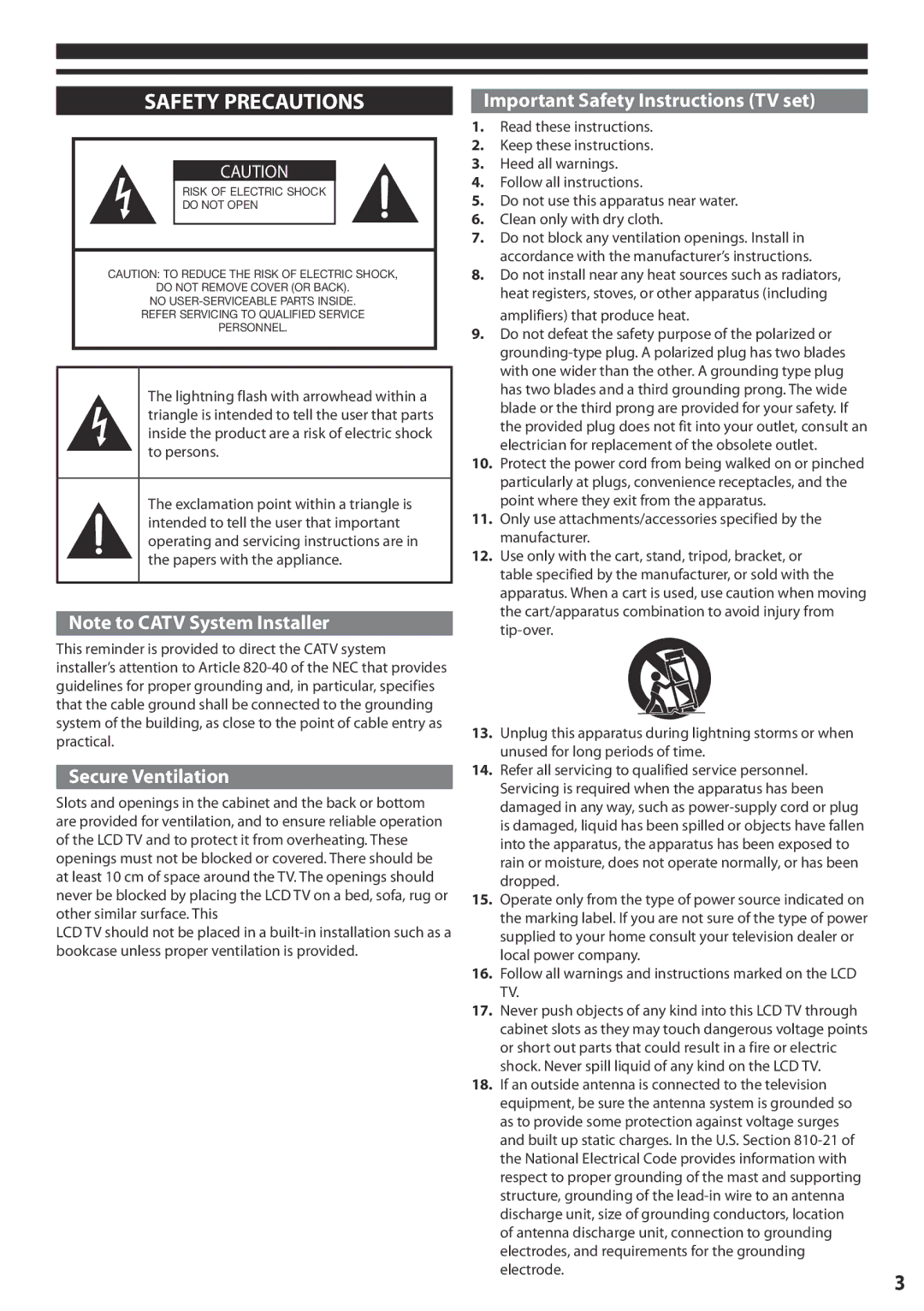 Panasonic TC-L24X5 owner manual Safety Precautions, Secure Ventilation, Important Safety Instructions TV set, Electrode.3 