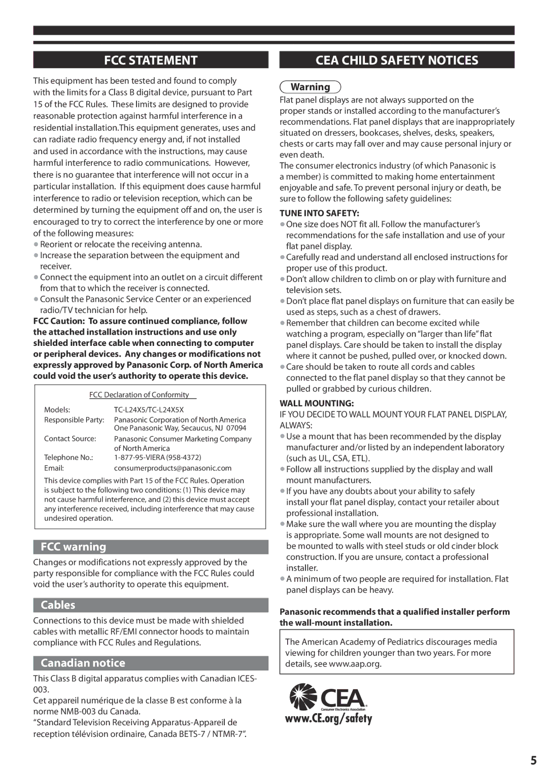 Panasonic TC-L24X5 owner manual FCC Statement, CEA Child Safety Notices, FCC warning, Cables, Canadian notice 