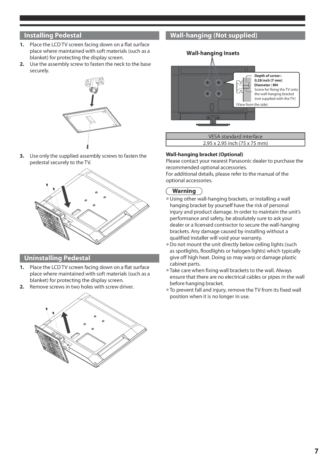 Panasonic TC-L24X5 owner manual Installing Pedestal, Wall-hanging Not supplied, Uninstalling Pedestal 