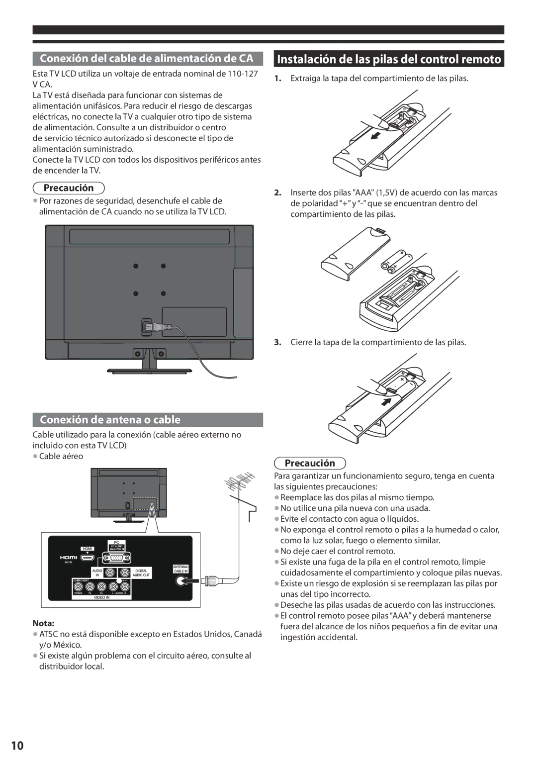 Panasonic TC-L24X5 manual Instalación de las pilas del control remoto, Conexión del cable de alimentación de CA 