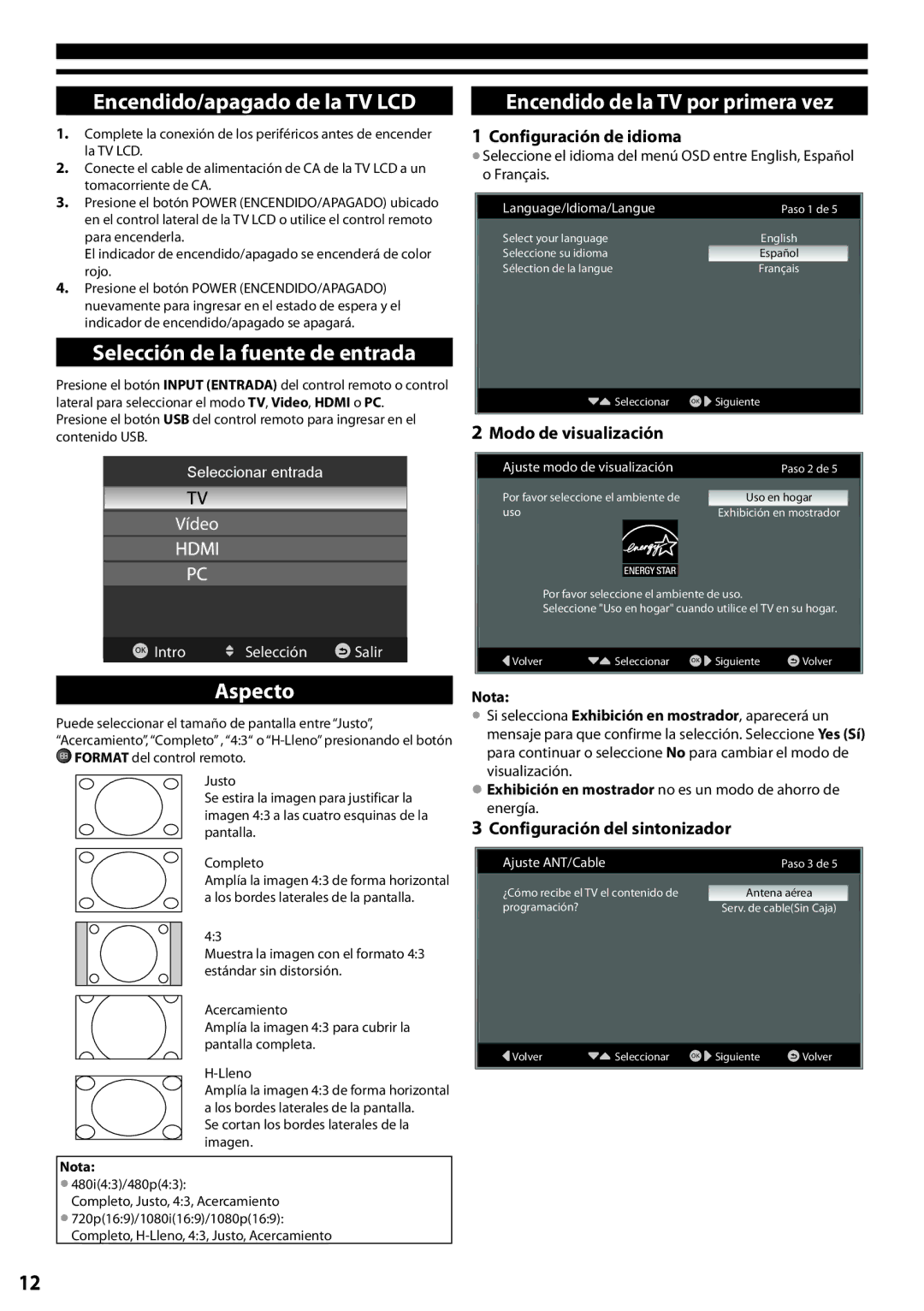 Panasonic TC-L24X5 manual Encendido/apagado de la TV LCD, Selección de la fuente de entrada, Aspecto 