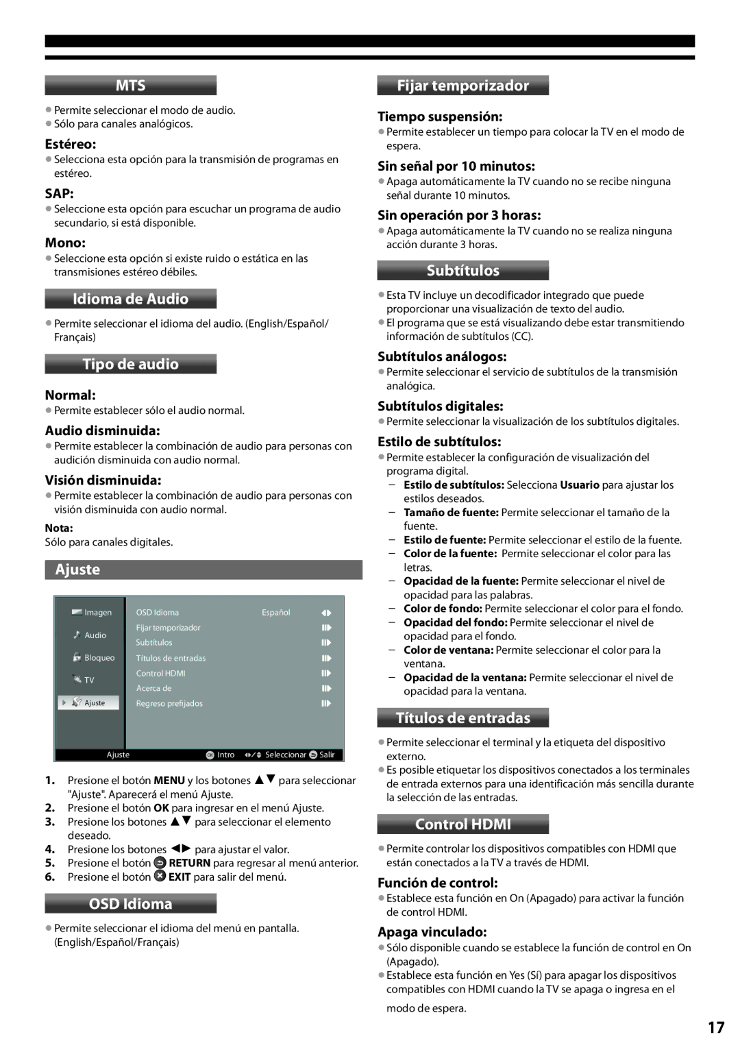 Panasonic TC-L24X5 Idioma de Audio, Tipo de audio, Ajuste, OSD Idioma, Fijar temporizador, Subtítulos, Títulos de entradas 