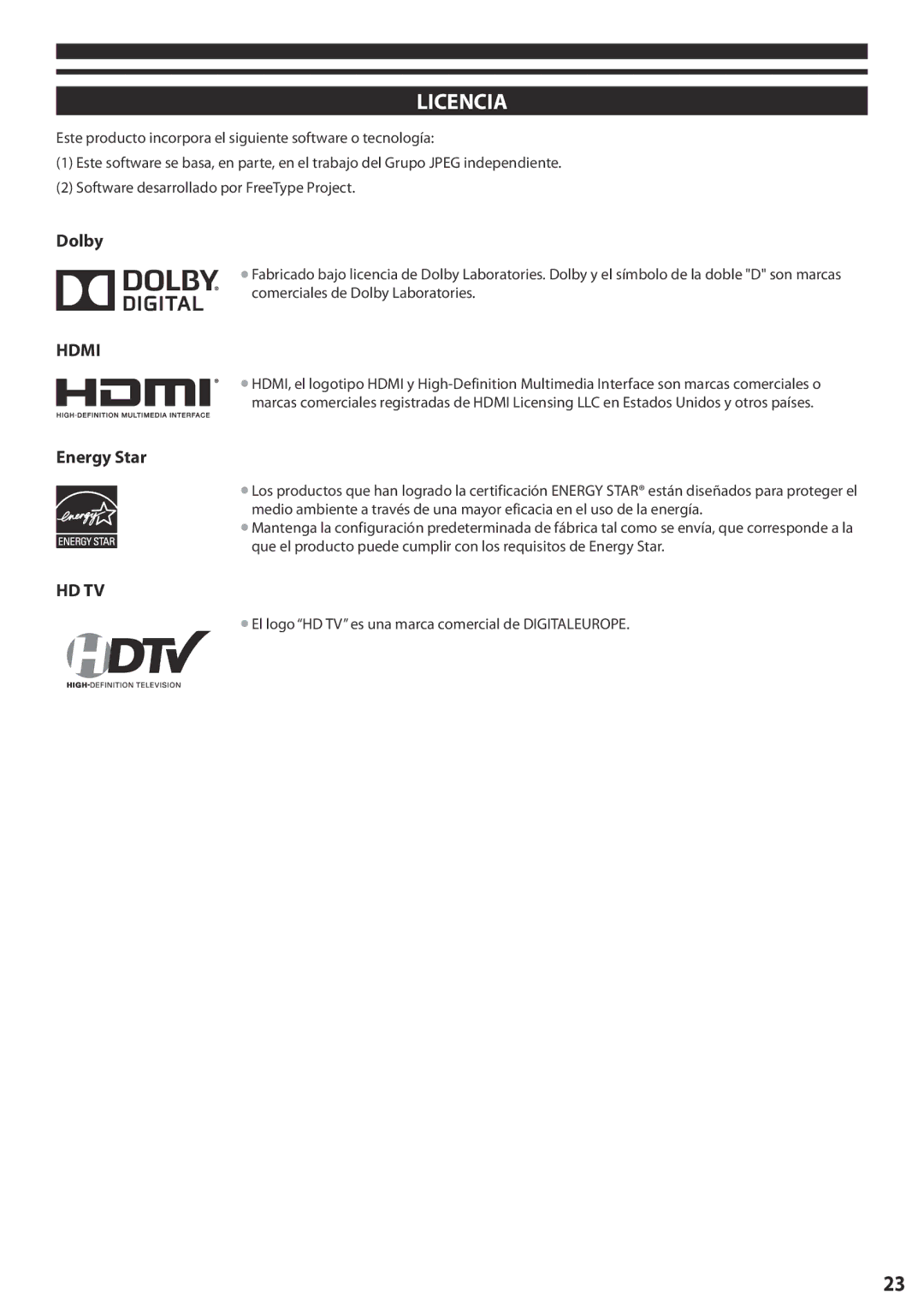 Panasonic TC-L24X5 manual Licencia, Dolby, Energy Star, El logo HD TV es una marca comercial de Digitaleurope 