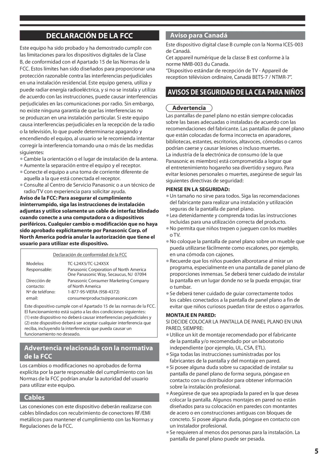 Panasonic TC-L24X5 Declaración DE LA FCC, Advertencia relacionada con la normativa de la FCC, Cables, Aviso para Canadá 