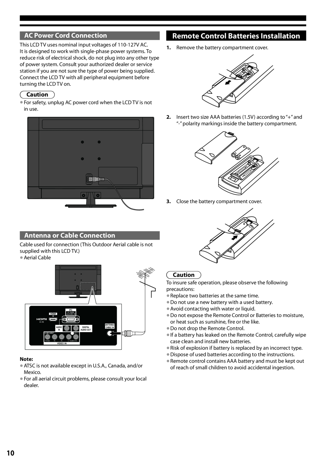 Panasonic TC-L24X5 Remote Control Batteries Installation, AC Power Cord Connection, Antenna or Cable Connection 