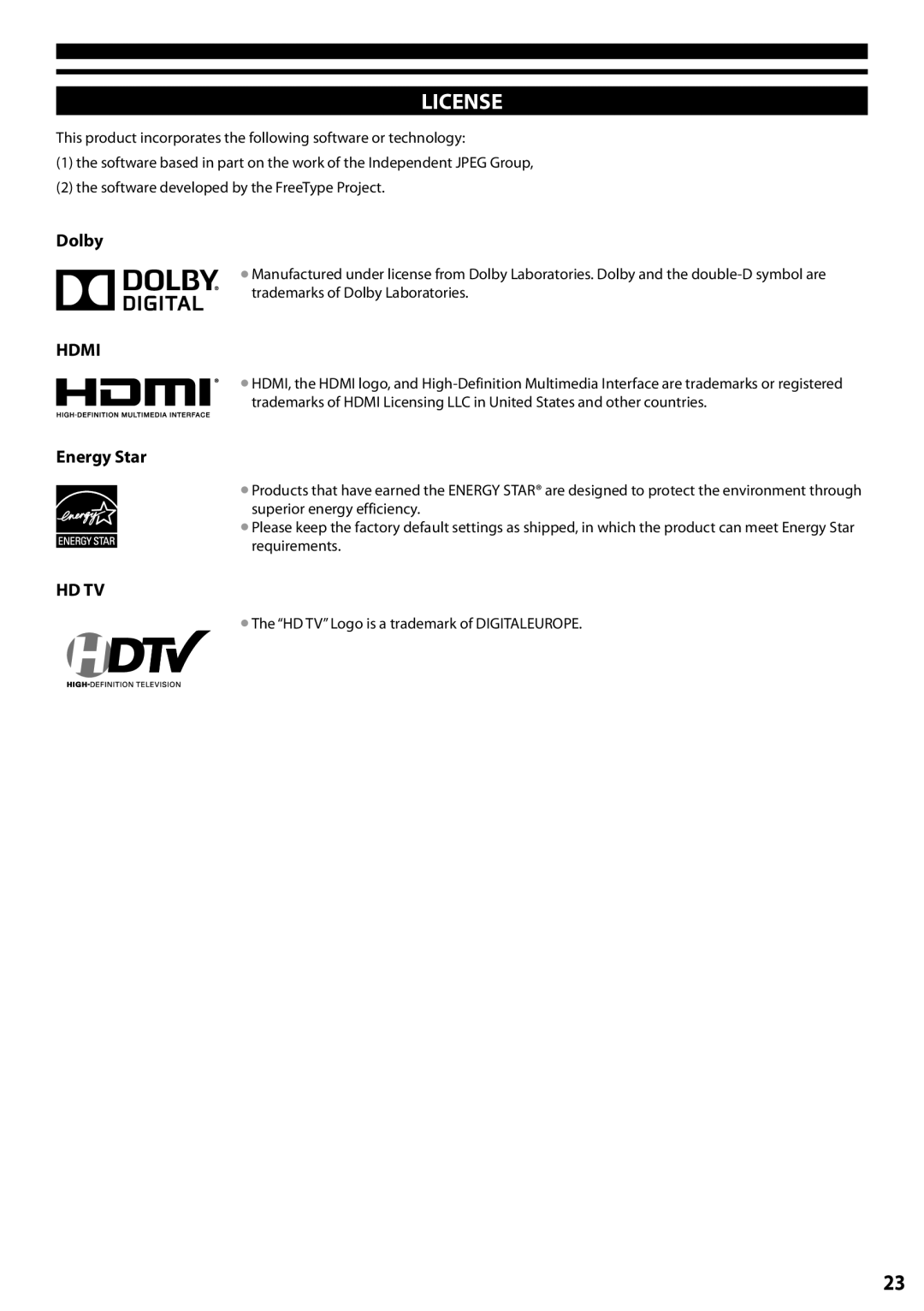 Panasonic TC-L24X5 owner manual License, Dolby, Hdmi, Energy Star, Hd Tv 