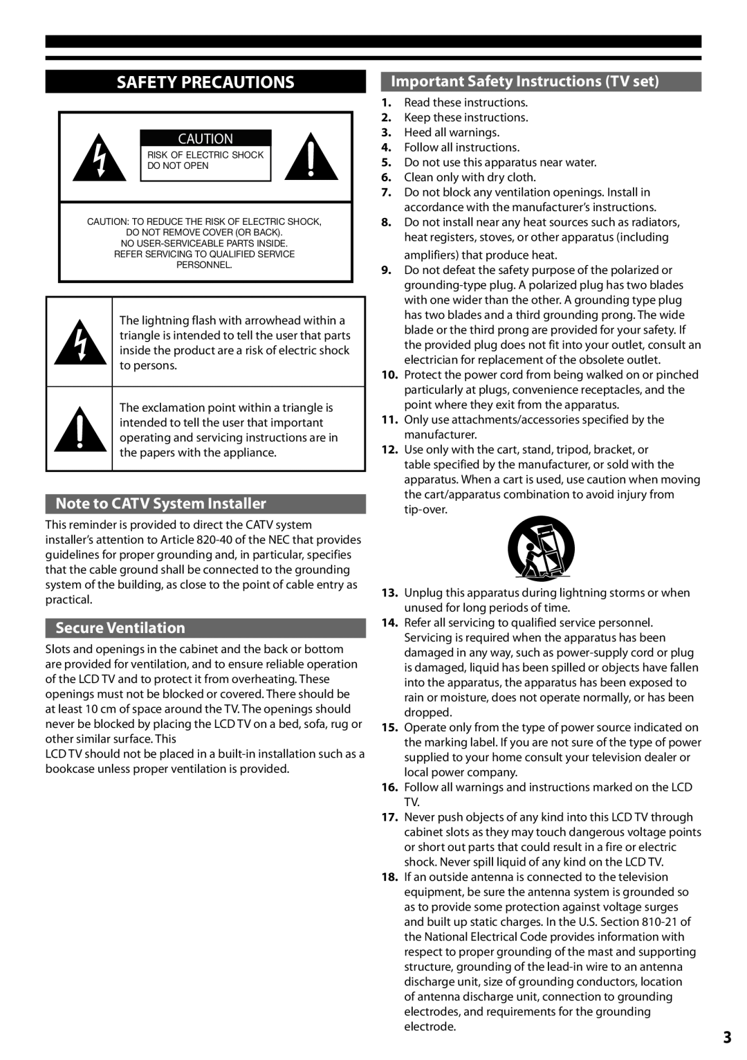 Panasonic TC-L24X5 owner manual Safety Precautions, Note to CATV System Installer, Secure Ventilation 