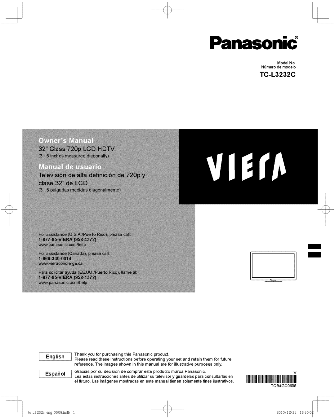 Panasonic TC-L3232C owner manual English Español, Inches measured diagonally, 31,5 pulgadas medidas diagonalmente, Viera 