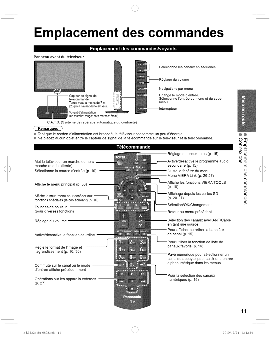 Panasonic TC-L3232C manual Emplacement des commandes, Rib, Panneau avant du tlviseur, Reglage des sous-titres p 