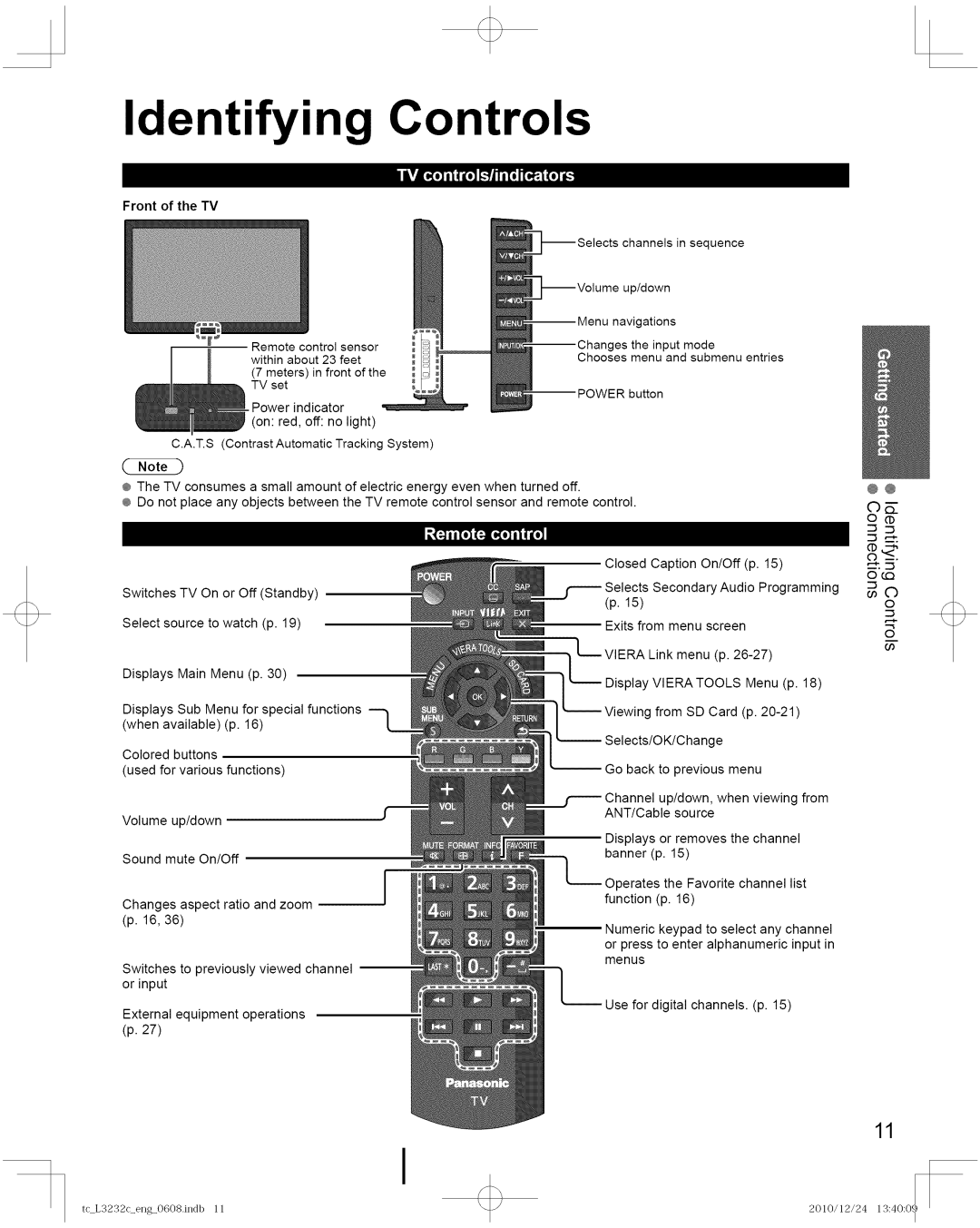 Panasonic TC-L3232C manual Identifying Controls, It14 