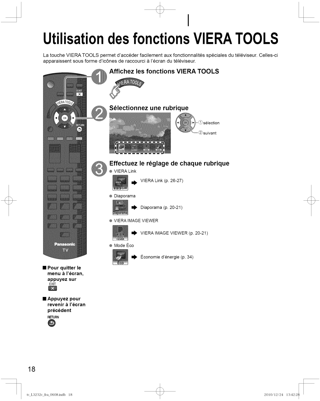 Panasonic TC-L3232C manual UtilisationdesfonctionsVIERATOOLS, Affichez les fonctions VlERA Tools 