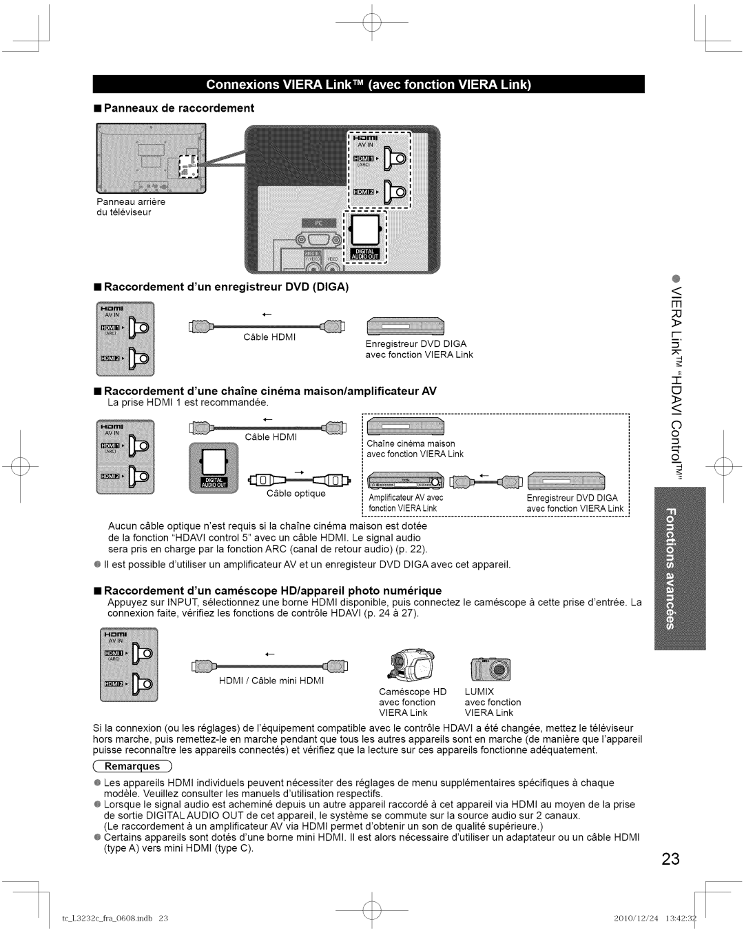 Panasonic TC-L3232C manual Panneaux de raccordement, Raccordement dun enregistreur DVD Diga, Cble Hdmi, Lumix 