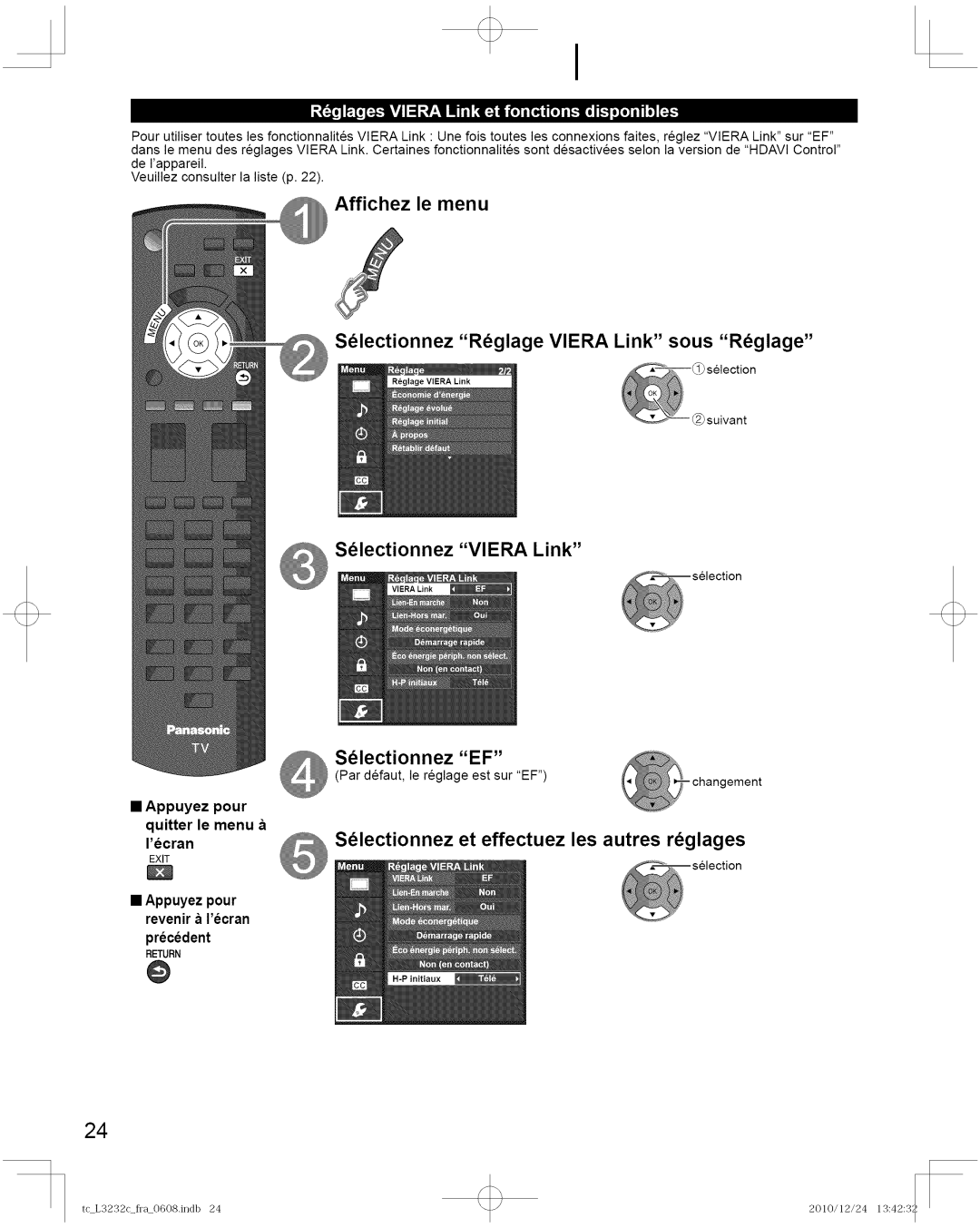 Panasonic TC-L3232C Affichez le menu Slectionnez Rglage Viera Link sous Rglage, Slectionnez Viera Link Slectionnez EF, Ilj 