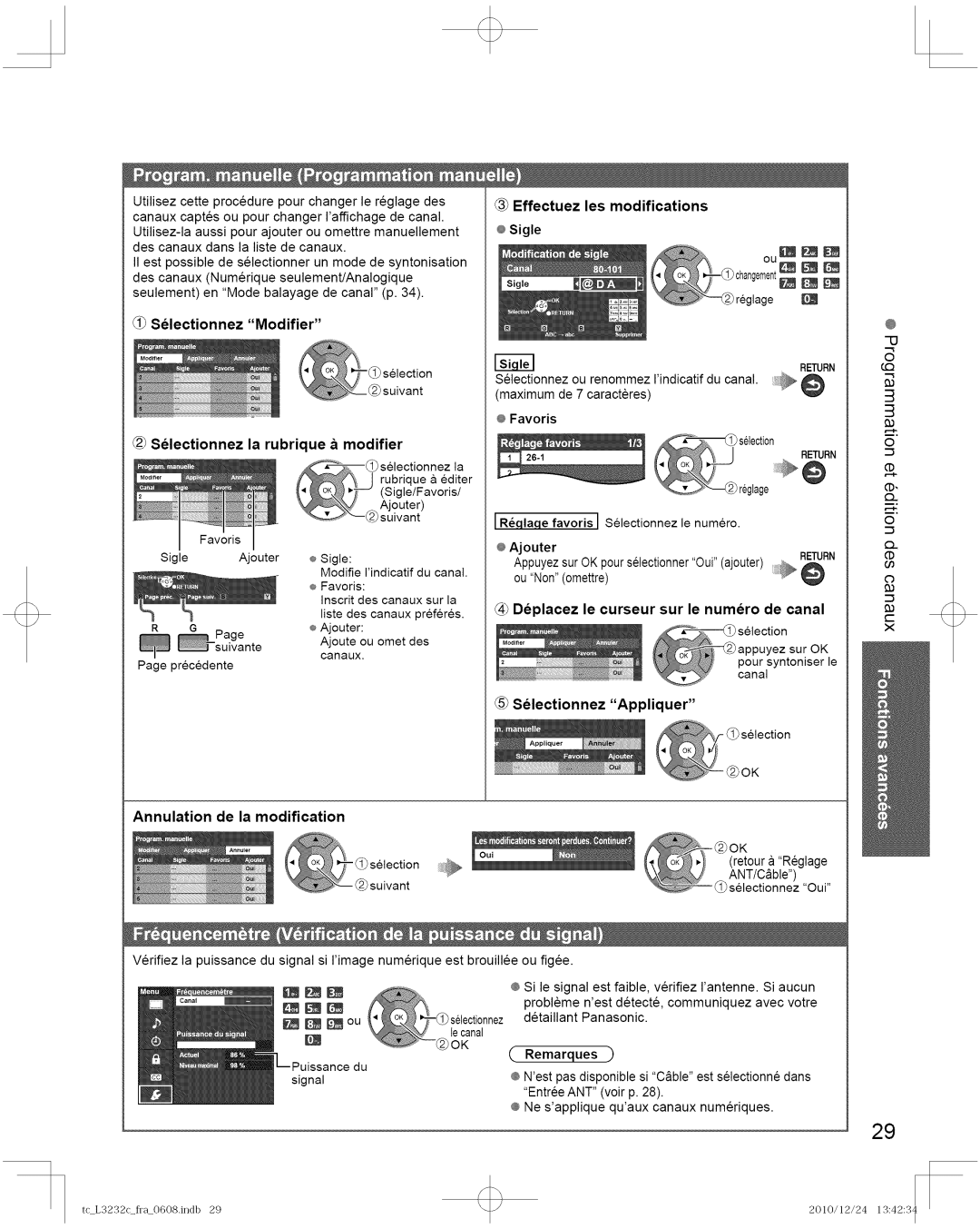 Panasonic TC-L3232C manual Selectionnez la rubrique & modifier, Effectuez les modifications, ¢ Sigle Changementm, Ajouter 