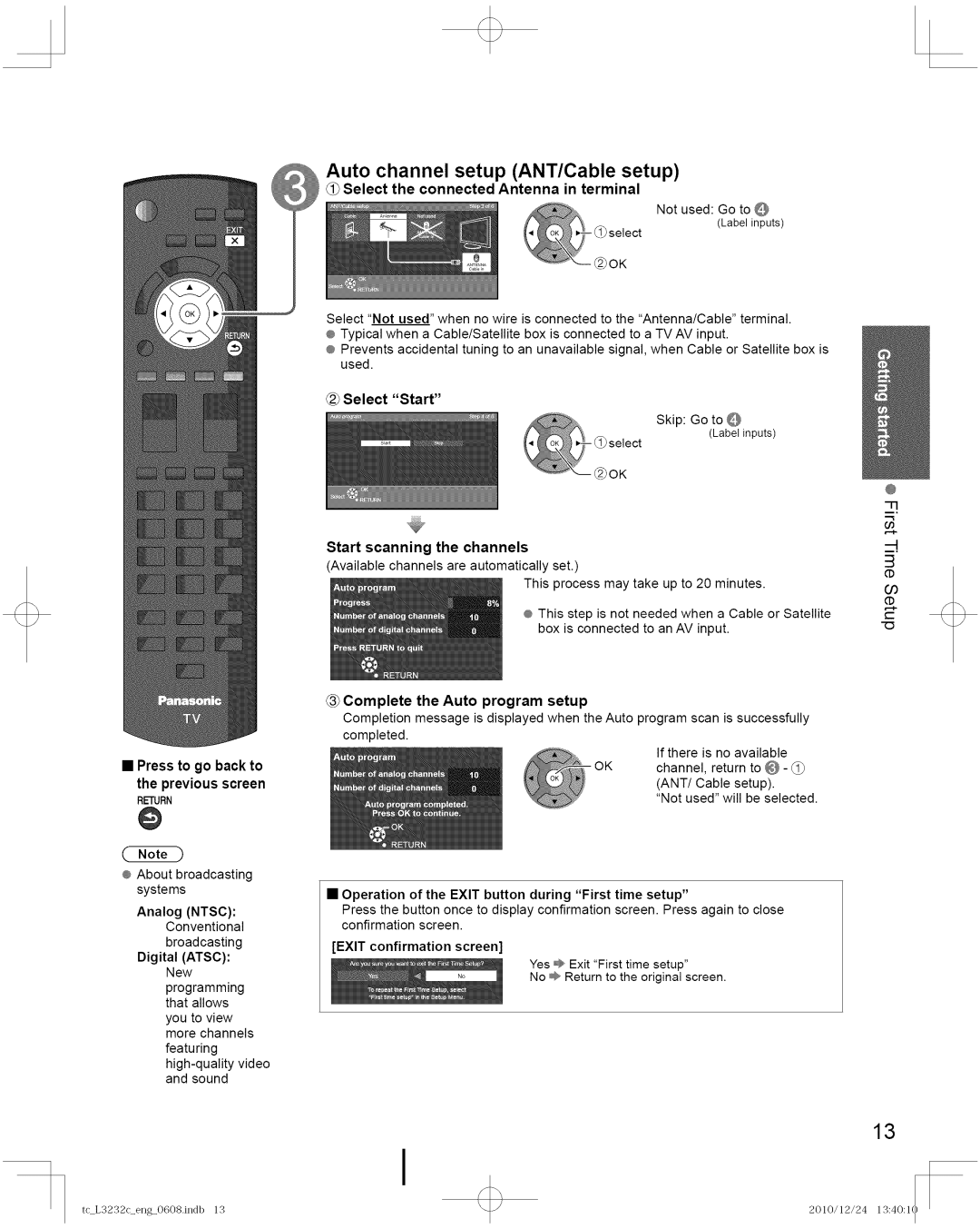 Panasonic TC-L3232C manual Auto channel setup ANT/Cable setup, Select Start, Press to go back to Previous screen 