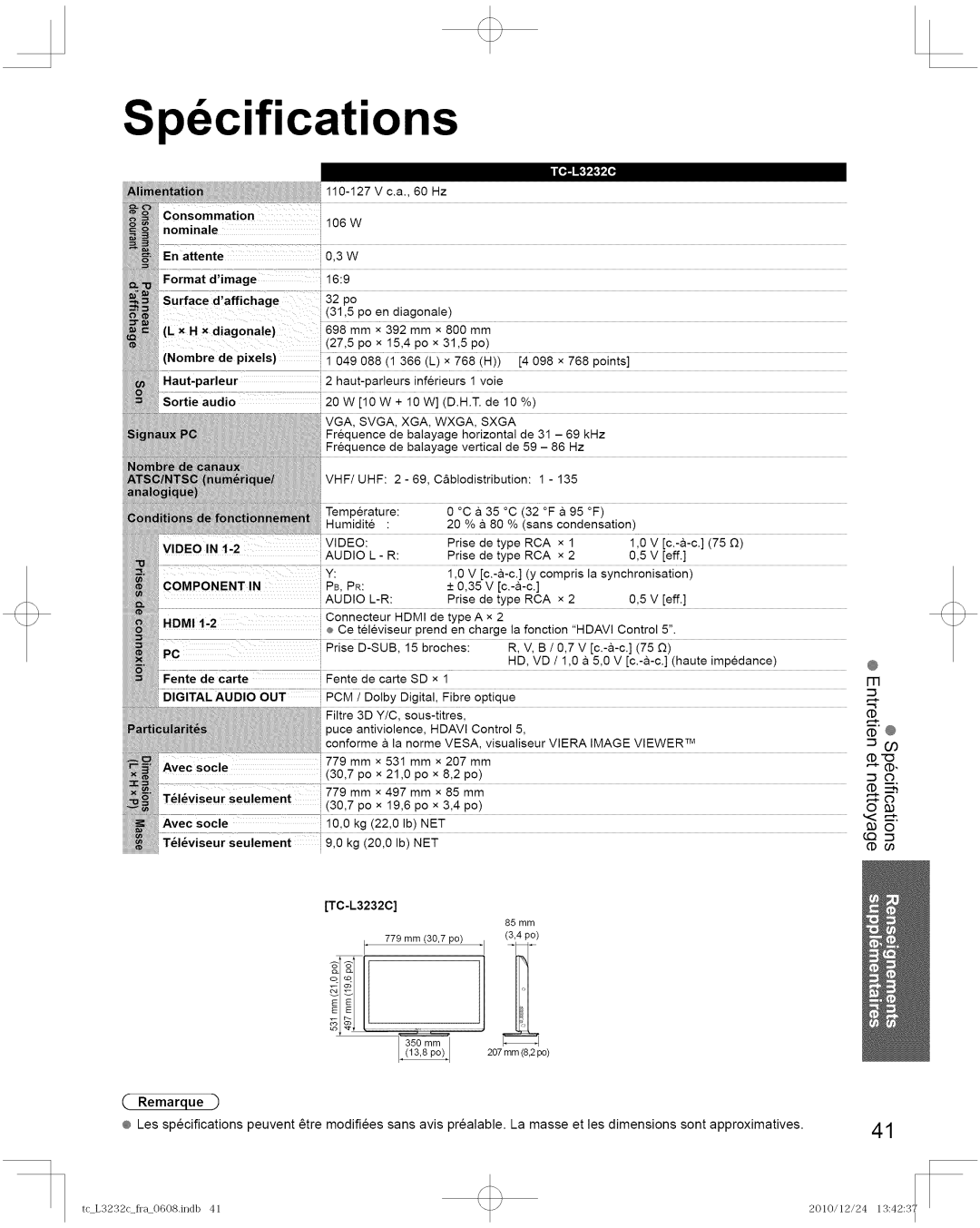 Panasonic TC-L3232C manual Spdcifications 