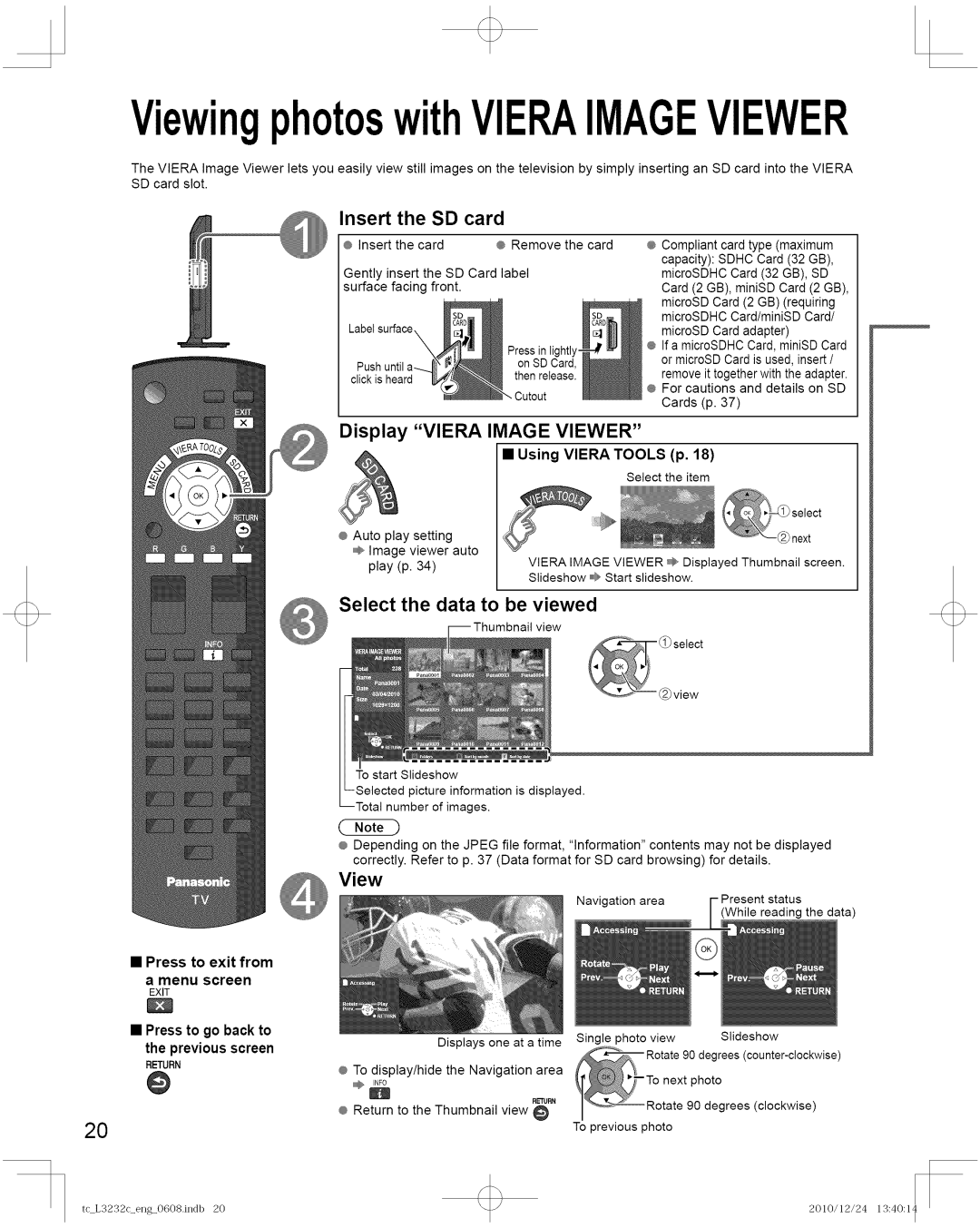 Panasonic TC-L3232C manual Insert SD card, Display Viera Image Viewer, Select the data to be viewed 