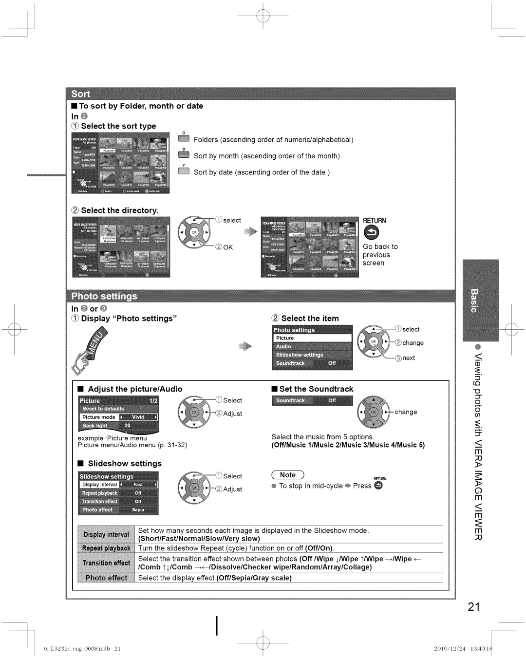 Panasonic TC-L3232C manual To sort by Folder, month or date In@ Select the sort type, 2Select the directory, Picture/Audio 