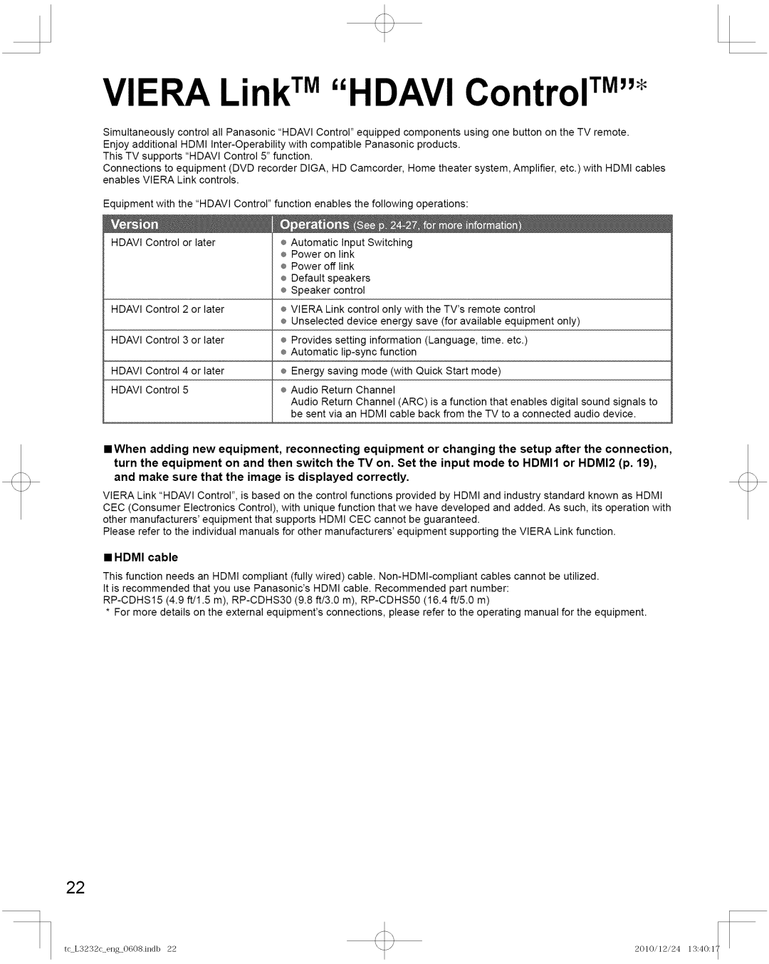 Panasonic TC-L3232C manual Viera Link Tmhdavi Control TM, Hdmi cable 