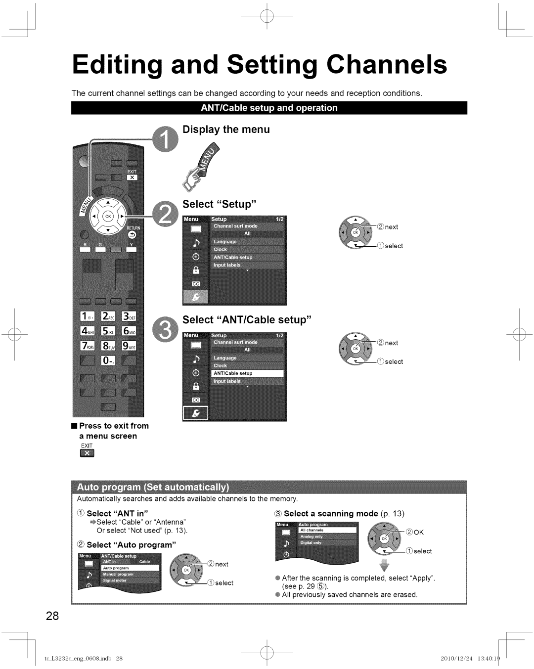 Panasonic TC-L3232C manual Menu Display Select Setup Select ANT/Cable setup, 1Select ANT 