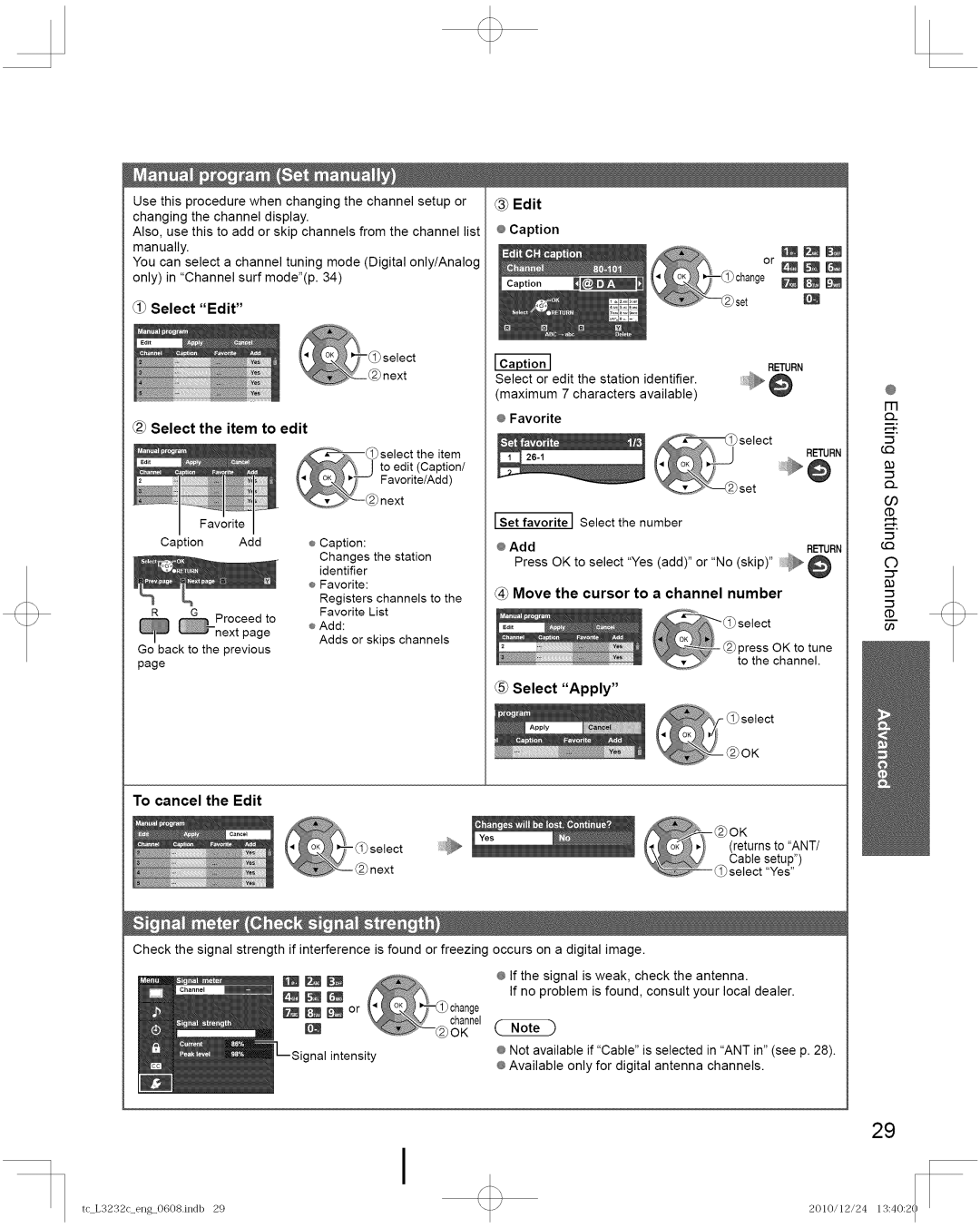 Panasonic TC-L3232C manual Select Edit, Select the item to edit, Select Apply To cancel the Edit, Add 