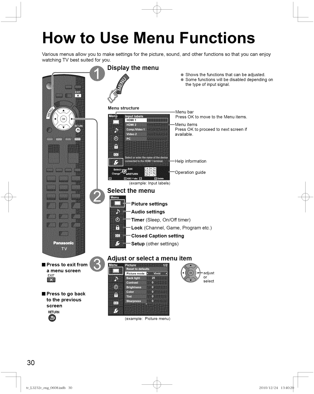 Panasonic TC-L3232C manual How to Use Menu Functions, Adjust or select a menu item, Menu structure 