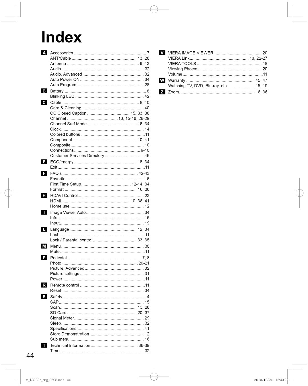 Panasonic TC-L3232C manual Index, Hdmi 