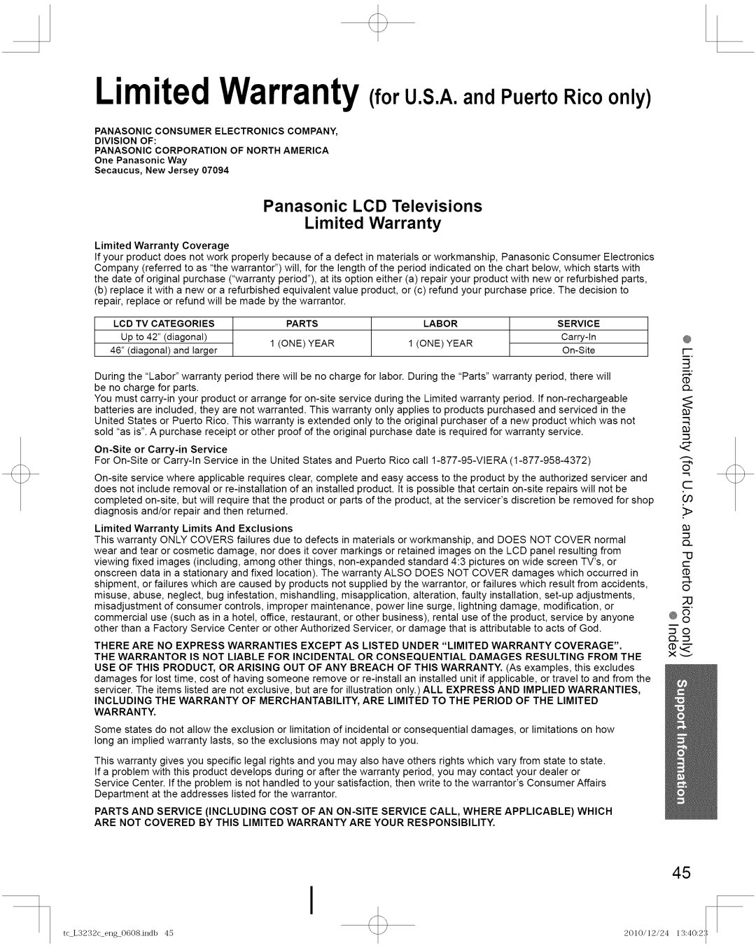 Panasonic TC-L3232C manual Limited Warranty Coverage, @ o, One Panasonic Way Secaucus, New Jersey, Service, ONE Year 