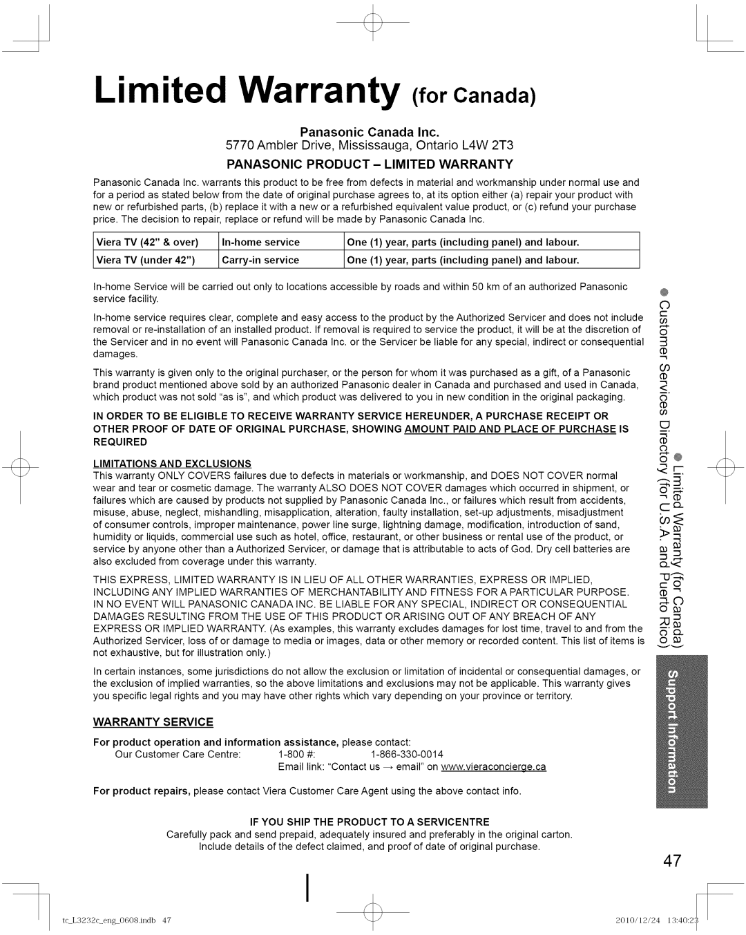 Panasonic TC-L3232C manual Limited Warranty for Canada, Panasonic Canada Inc, Ambler Drive, Mississauga, Ontario L4W 2T3 