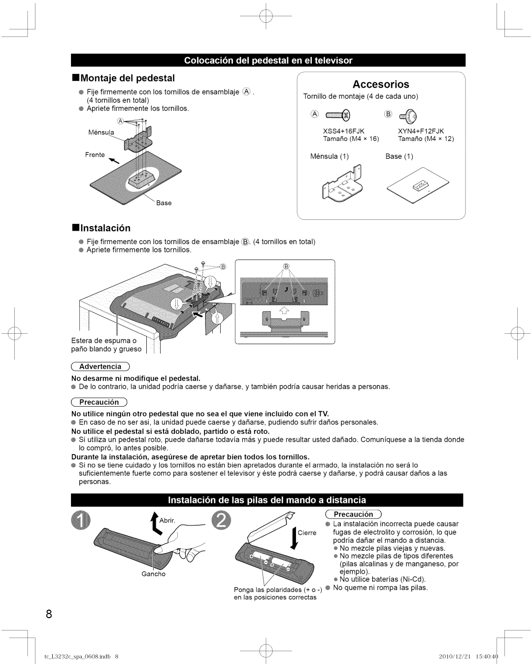 Panasonic TC-L3232C manual Accesorios, BJ BFJIffF, IIMontaje del pedestal, Fji,Fj, IIInstalacion 