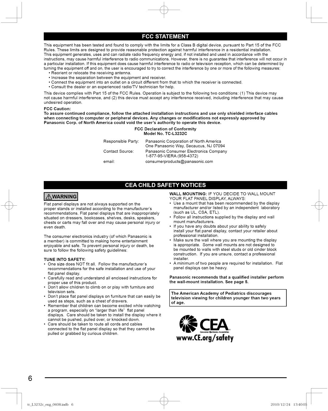 Panasonic TC-L3232C manual Tune Into Safety, American Academy of Pediatrics discourages 