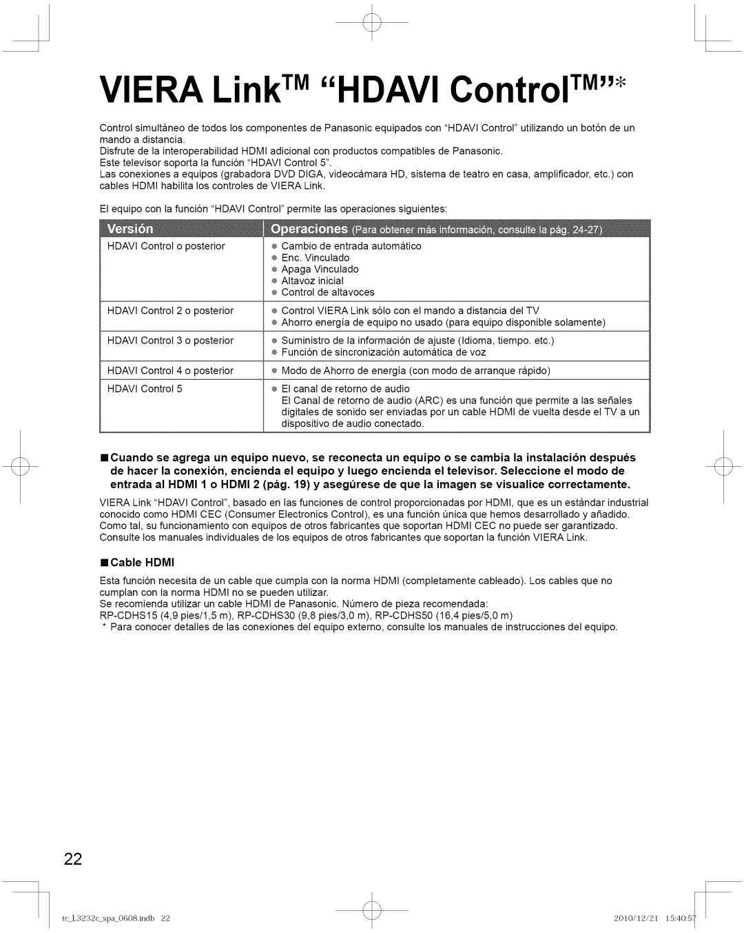 Panasonic TC-L3232C manual Cable Hdmi, Hdavi 