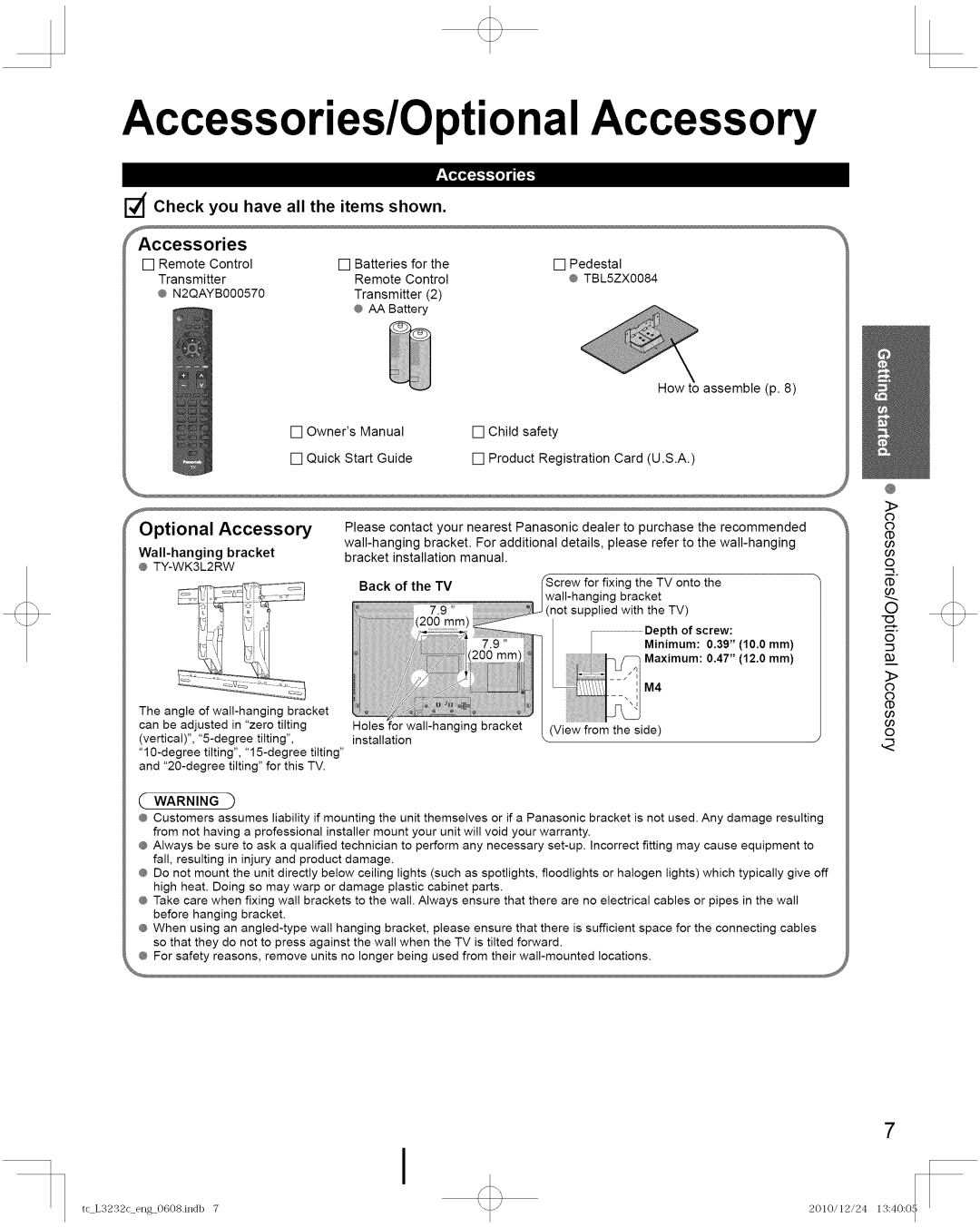 Panasonic TC-L3232C Accessories/OptionalAccessory, Check you have all the items shown, FOptional Accessory, Back of the TV 