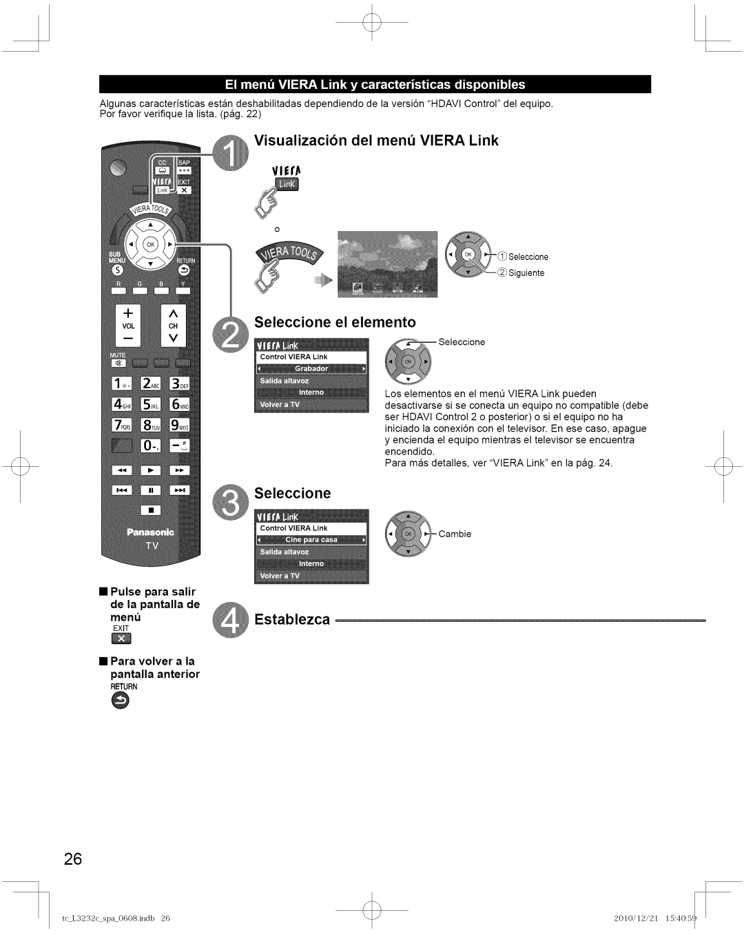 Panasonic TC-L3232C manual Seleccione, Pulse para salir De la pantalla de menu 