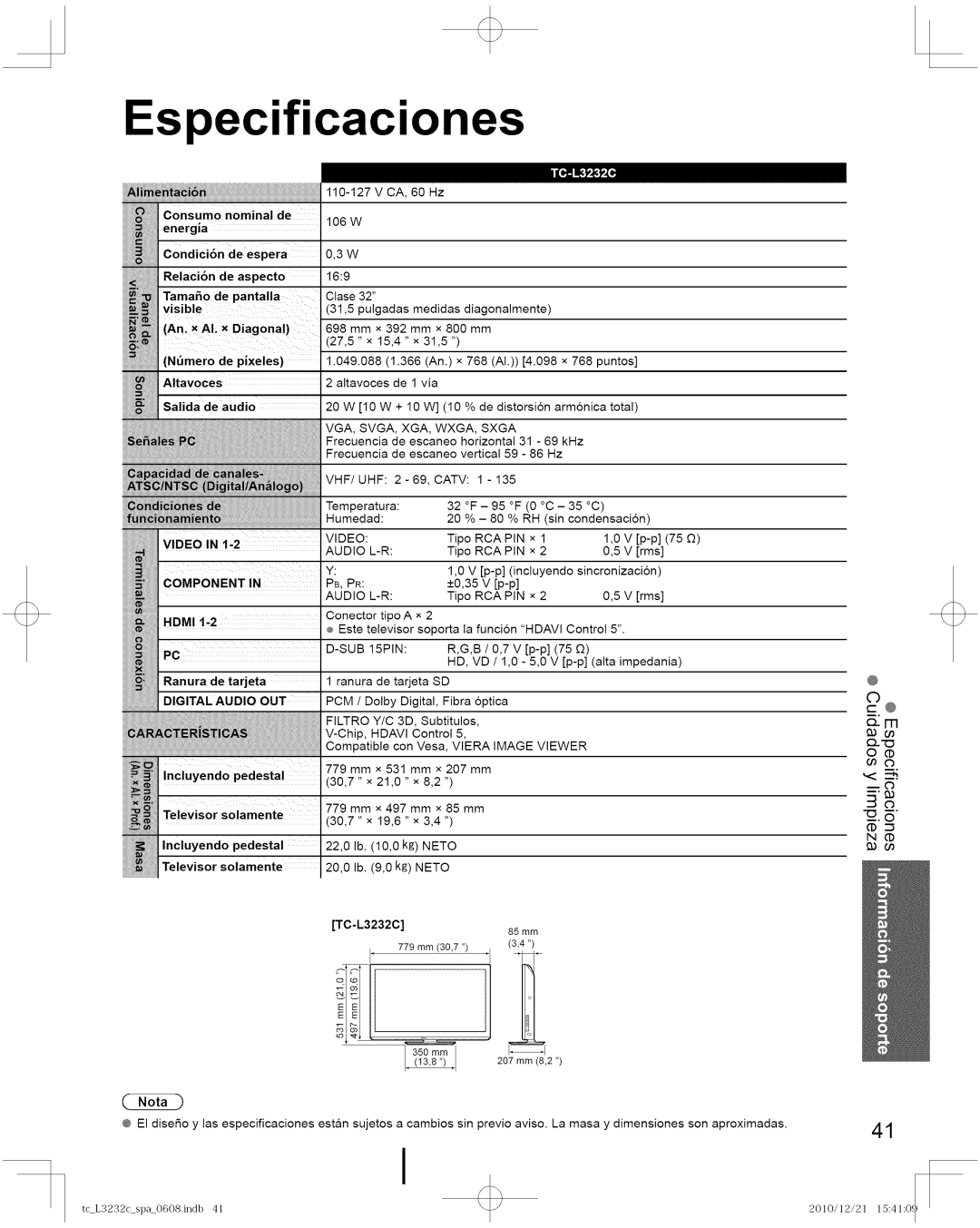 Panasonic TC-L3232C manual Especificaciones, Hdmi Ranura De tarjeta, Pedestal, Solamente 