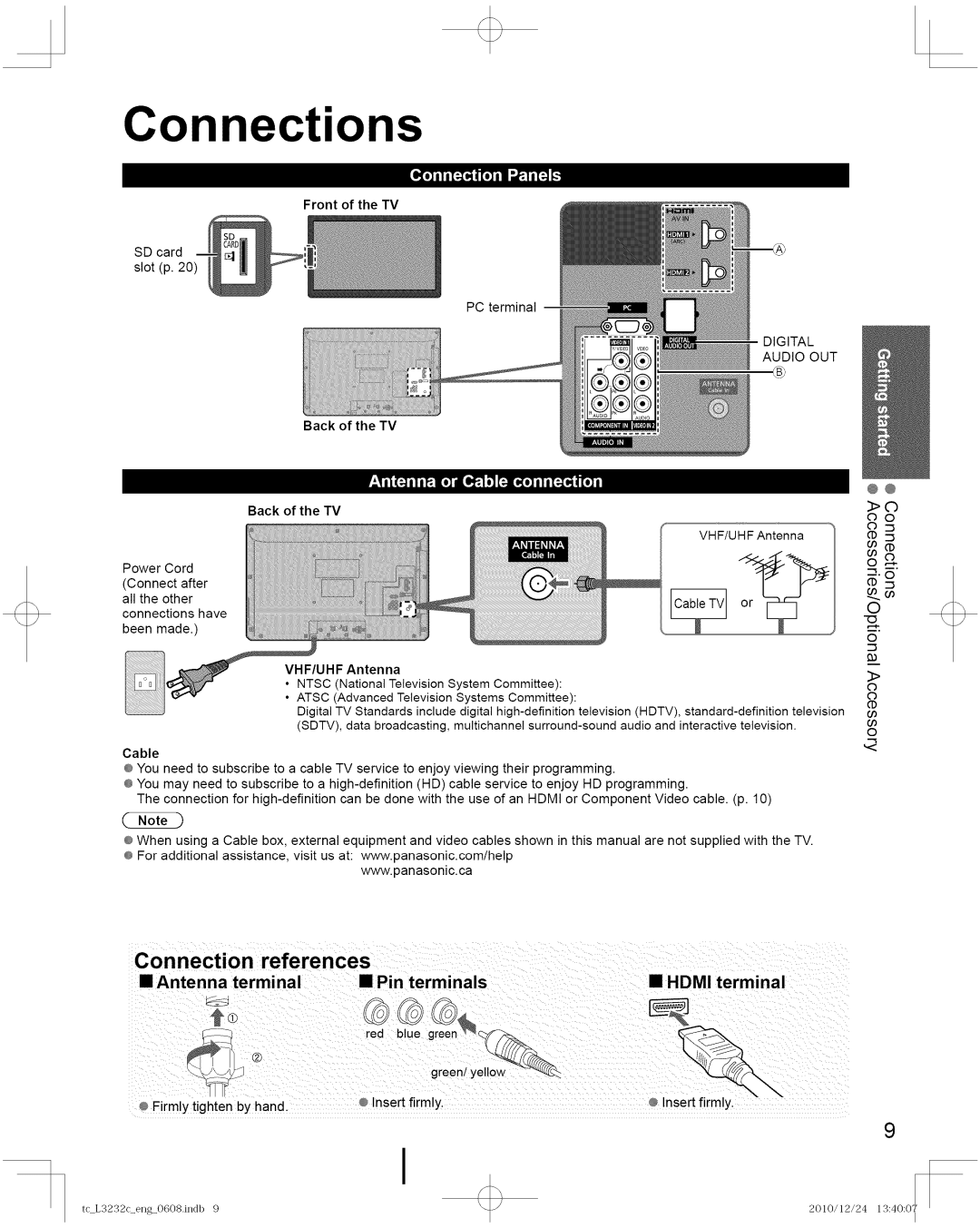 Panasonic TC-L3232C manual Connections, Antenna terminal Pin terminals Hdmi terminal, Front of the TV, Digital Audio OUT 