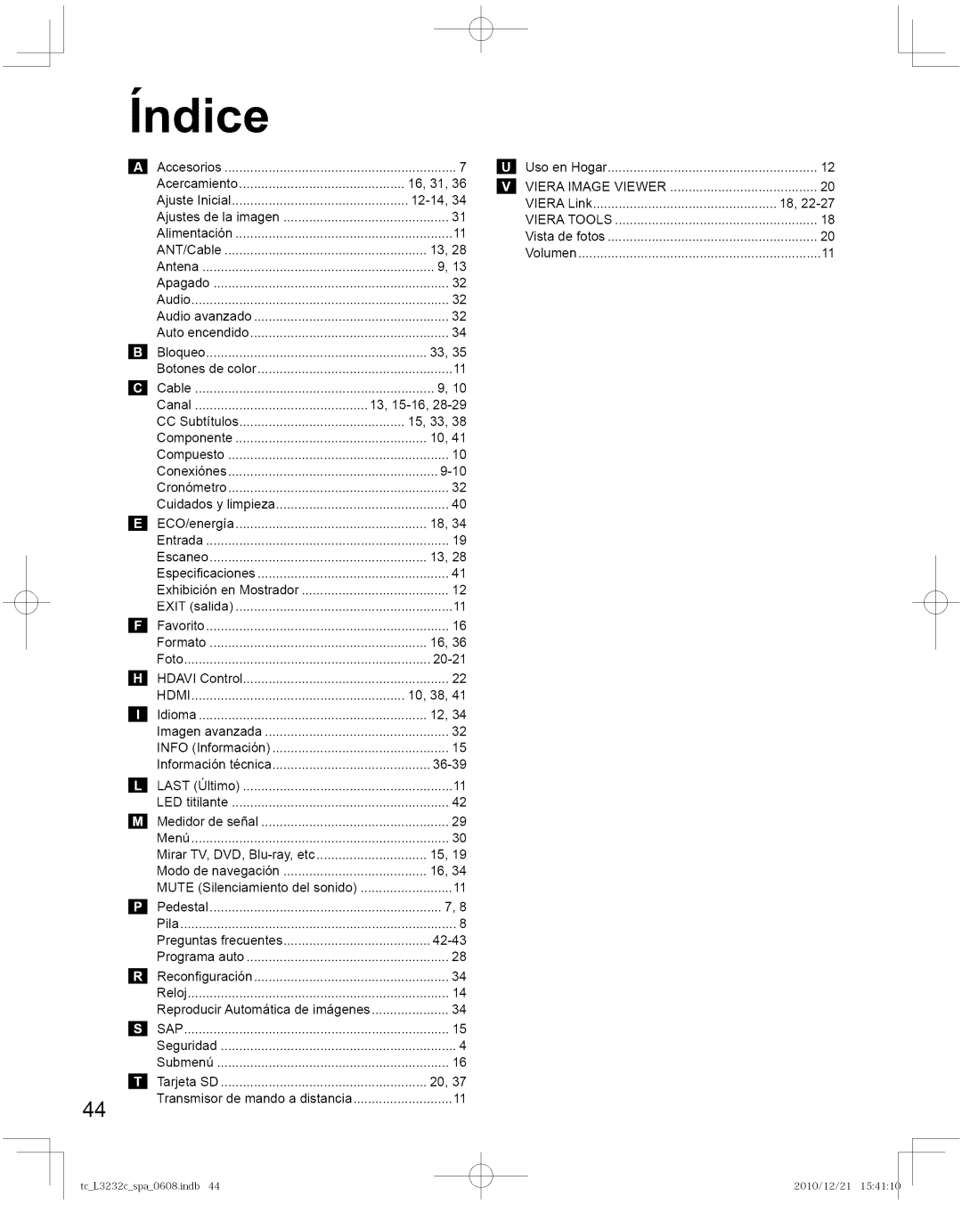 Panasonic TC-L3232C manual Indice, Last, Mute 