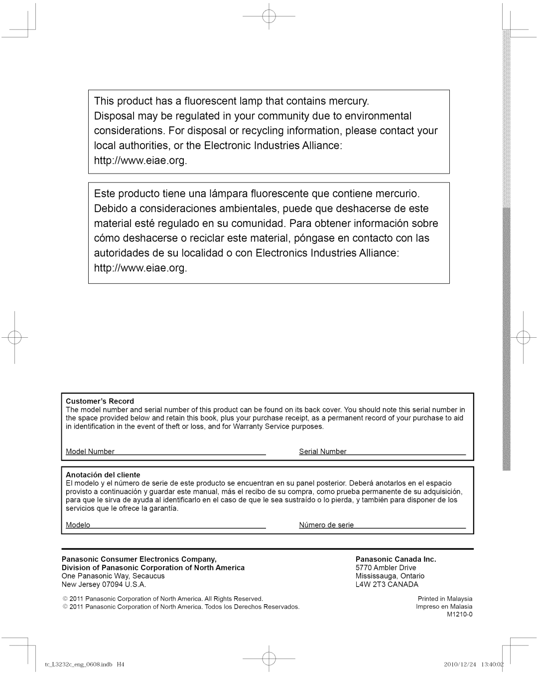 Panasonic TC-L3232C manual Anotaci6n del cliente, Electronics, Division of Panasonic, North America 