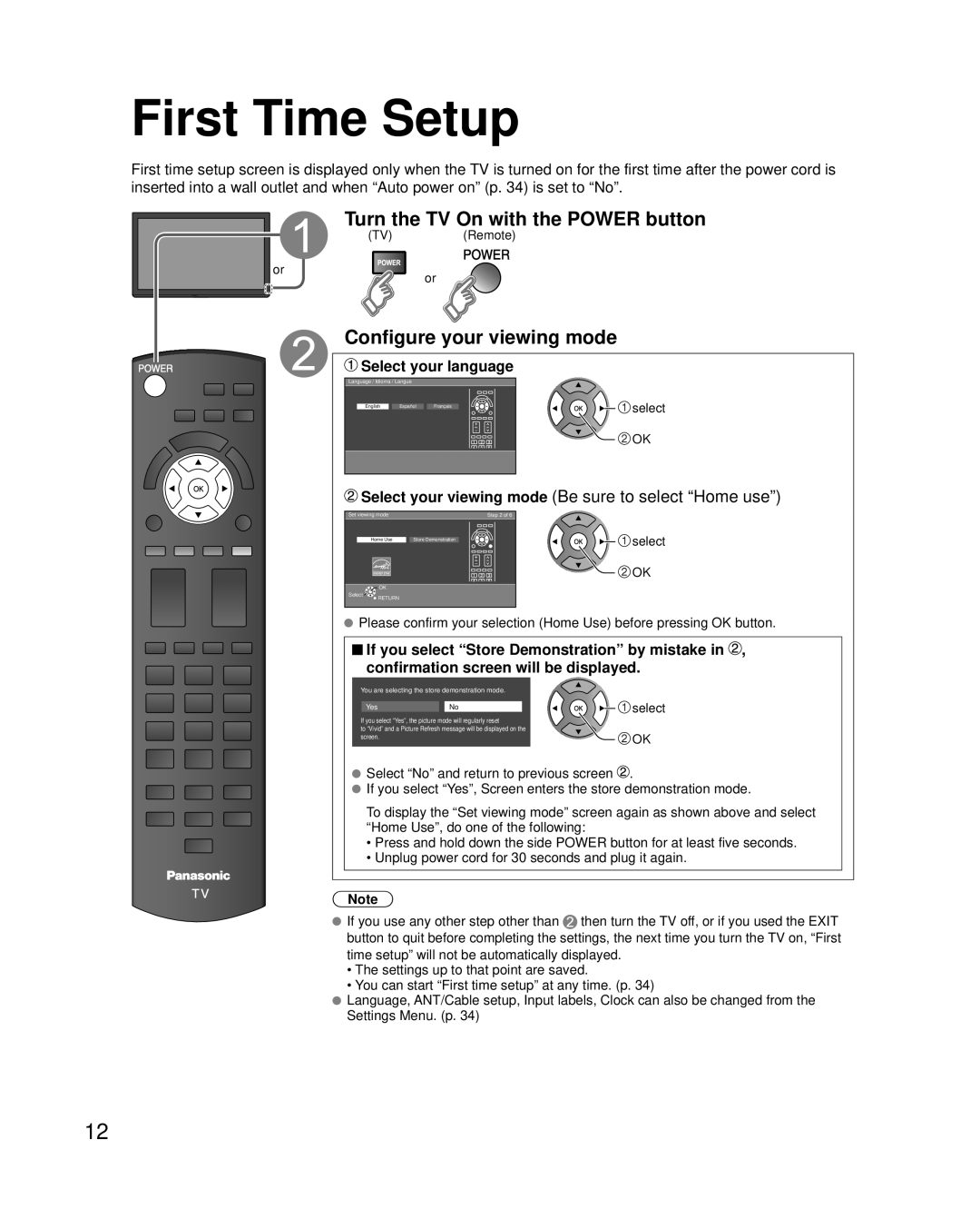 Panasonic TC-L3232C owner manual First Time Setup, Turn the TV On with the Power button, Configure your viewing mode 