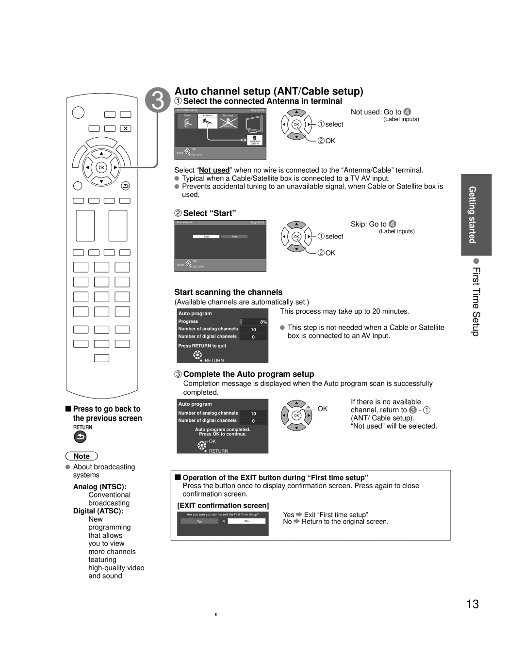 Panasonic TC-L3232C Auto channel setup ANT/Cable setup, Started First Time Setup, Select the connected Antenna in terminal 