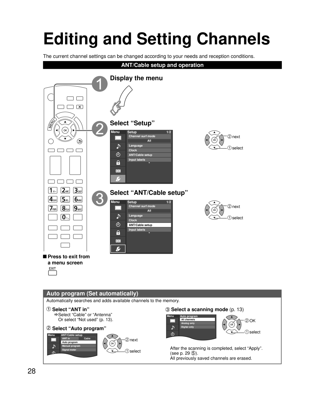 Panasonic TC-L3232C owner manual Editing and Setting Channels, Display the menu Select Setup, Select ANT/Cable setup 