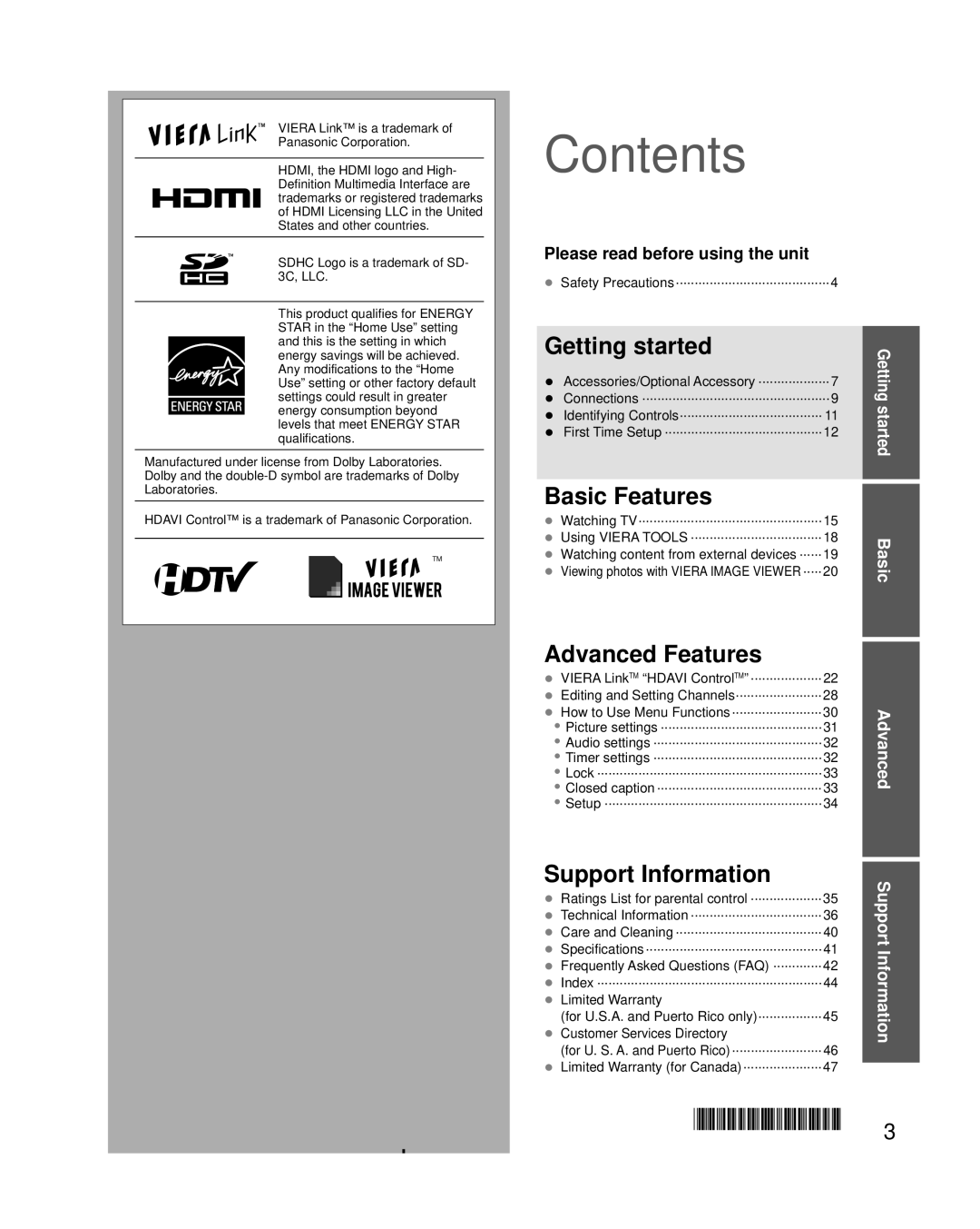 Panasonic TC-L3232C owner manual Contents 