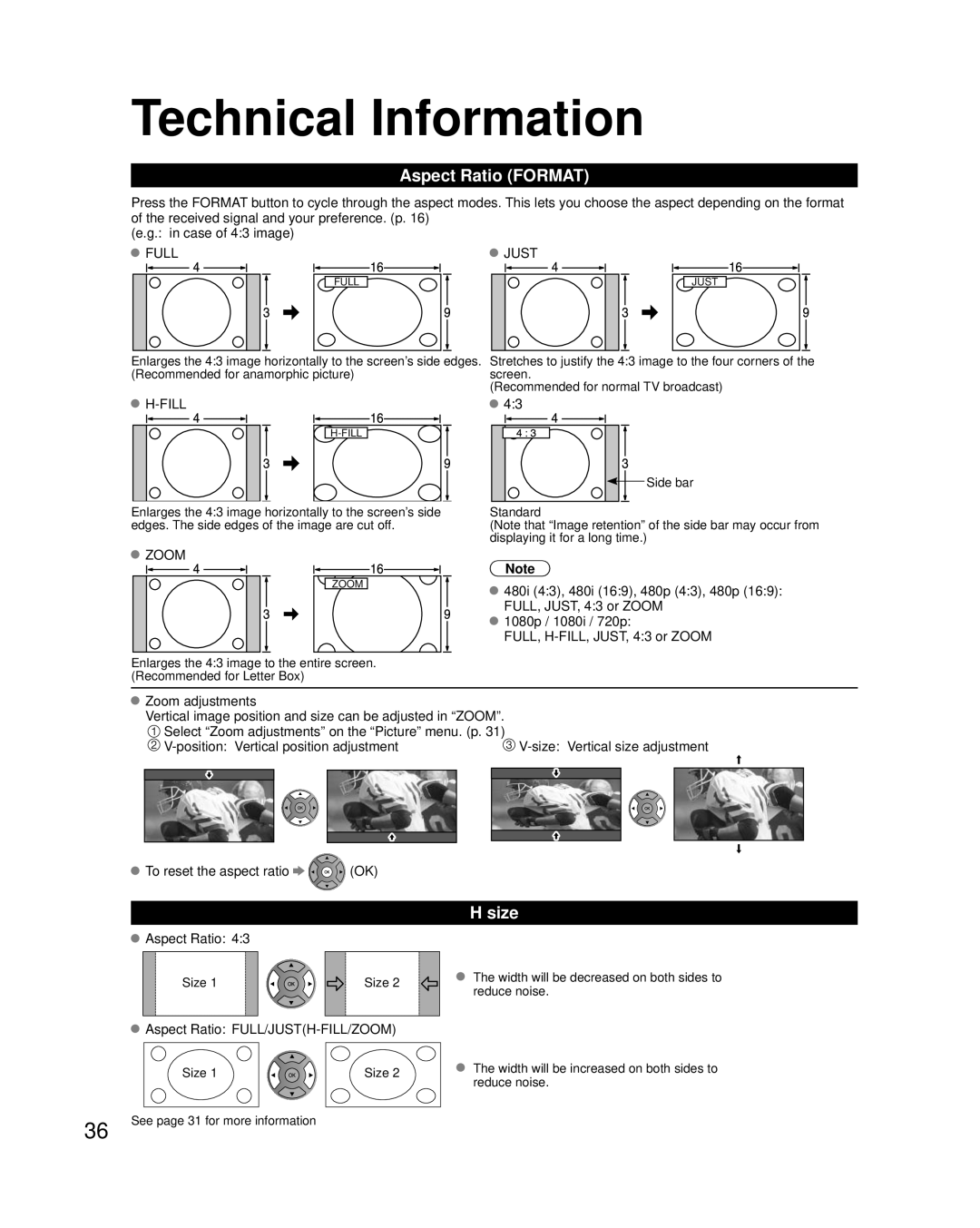 Panasonic TC-L3232C Technical Information, Aspect Ratio Format, Size, To reset the aspect ratio OK Aspect Ratio 