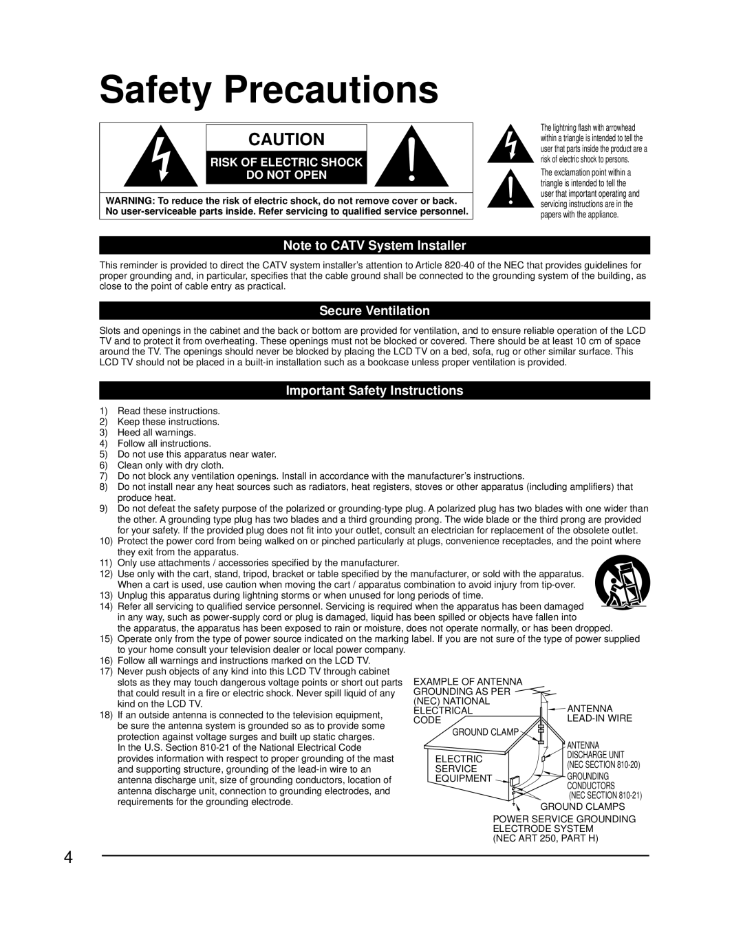 Panasonic TC-L3232C owner manual Safety Precautions, Secure Ventilation, Important Safety Instructions 