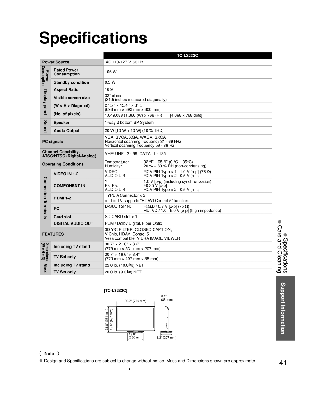 Panasonic TC-L3232C owner manual Specifications 