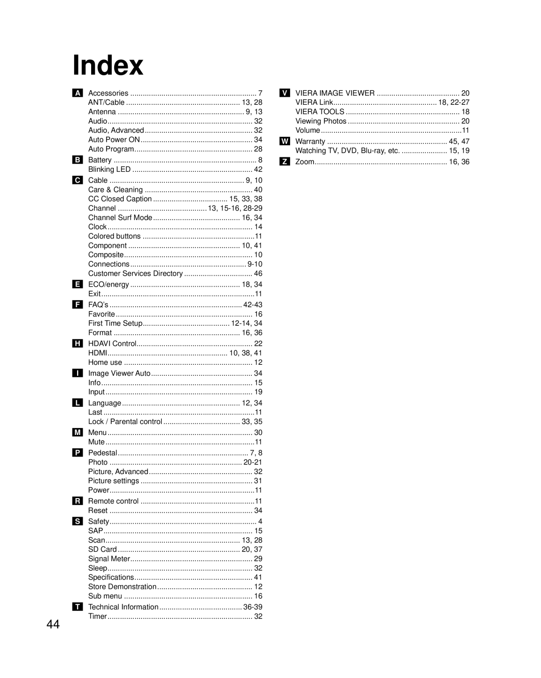 Panasonic TC-L3232C owner manual Index 