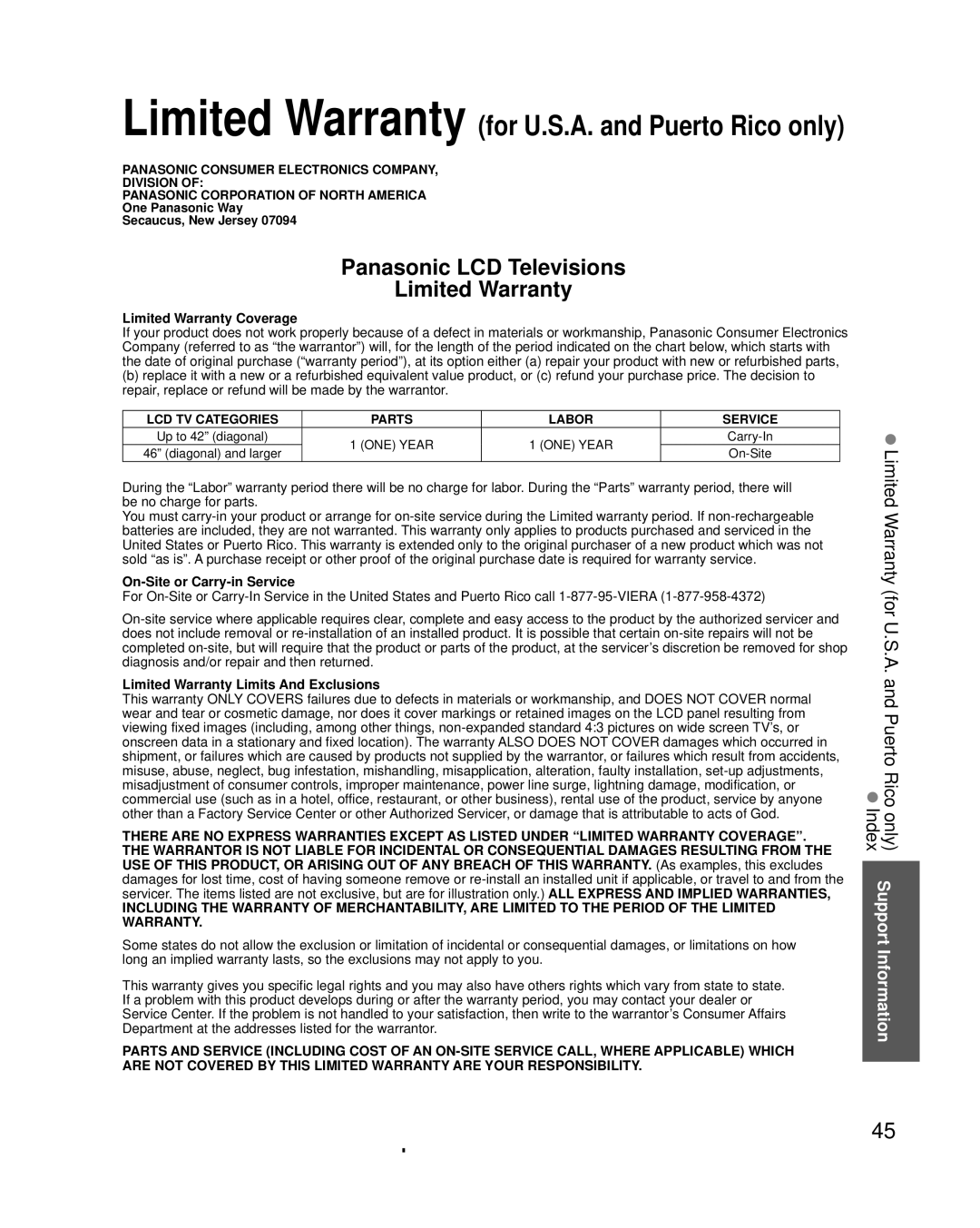 Panasonic TC-L3232C Limited Warranty Coverage, On-Site or Carry-in Service, Limited Warranty Limits And Exclusions 