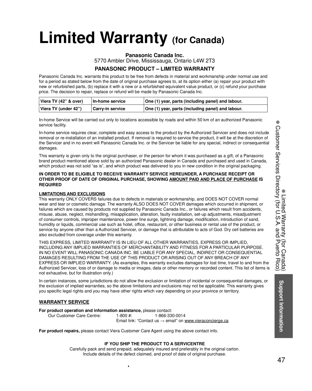 Panasonic TC-L3232C owner manual Limited Warranty for Canada, Panasonic Product Limited Warranty 