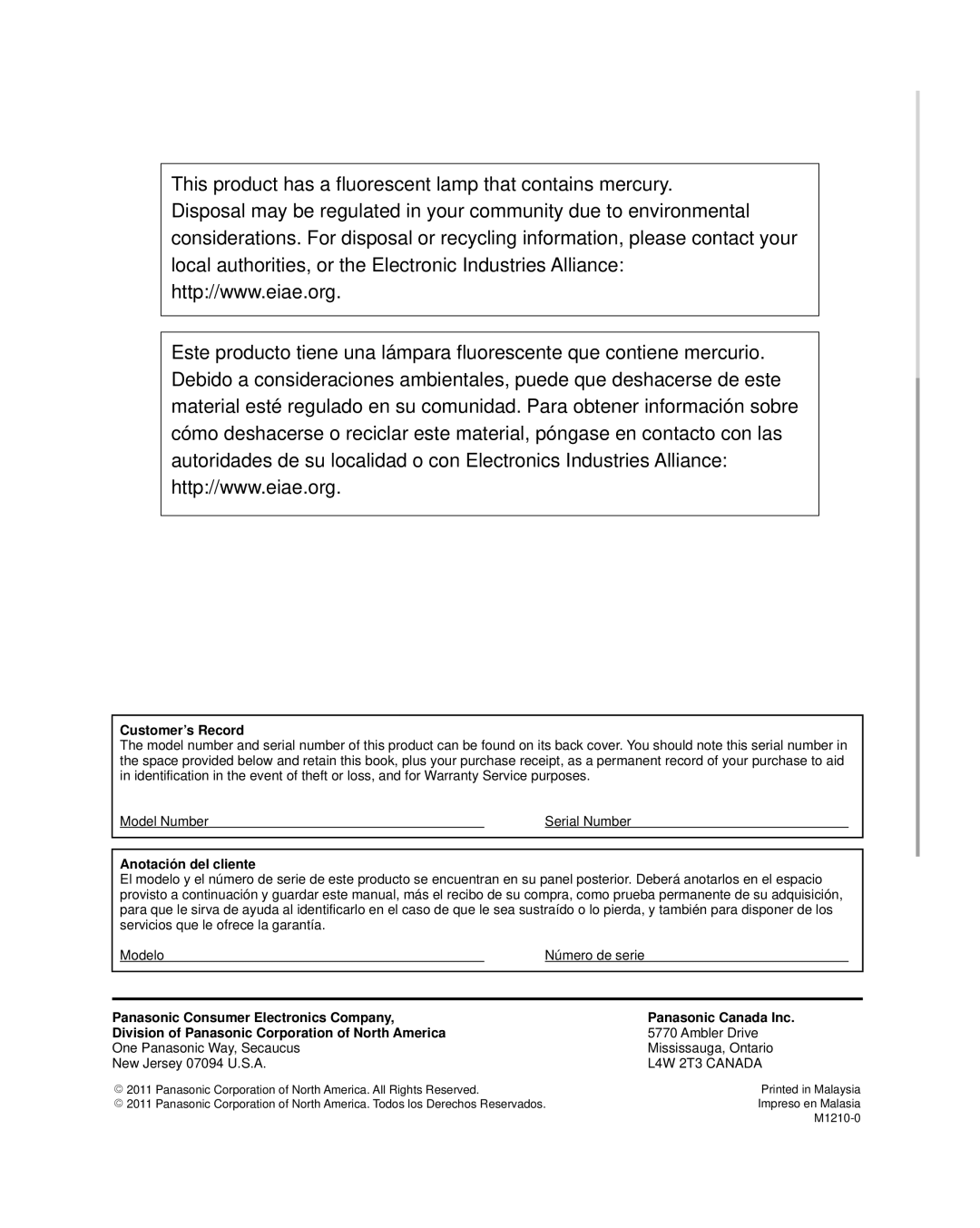 Panasonic TC-L3232C owner manual Customer’s Record, Anotación del cliente, Ambler Drive 